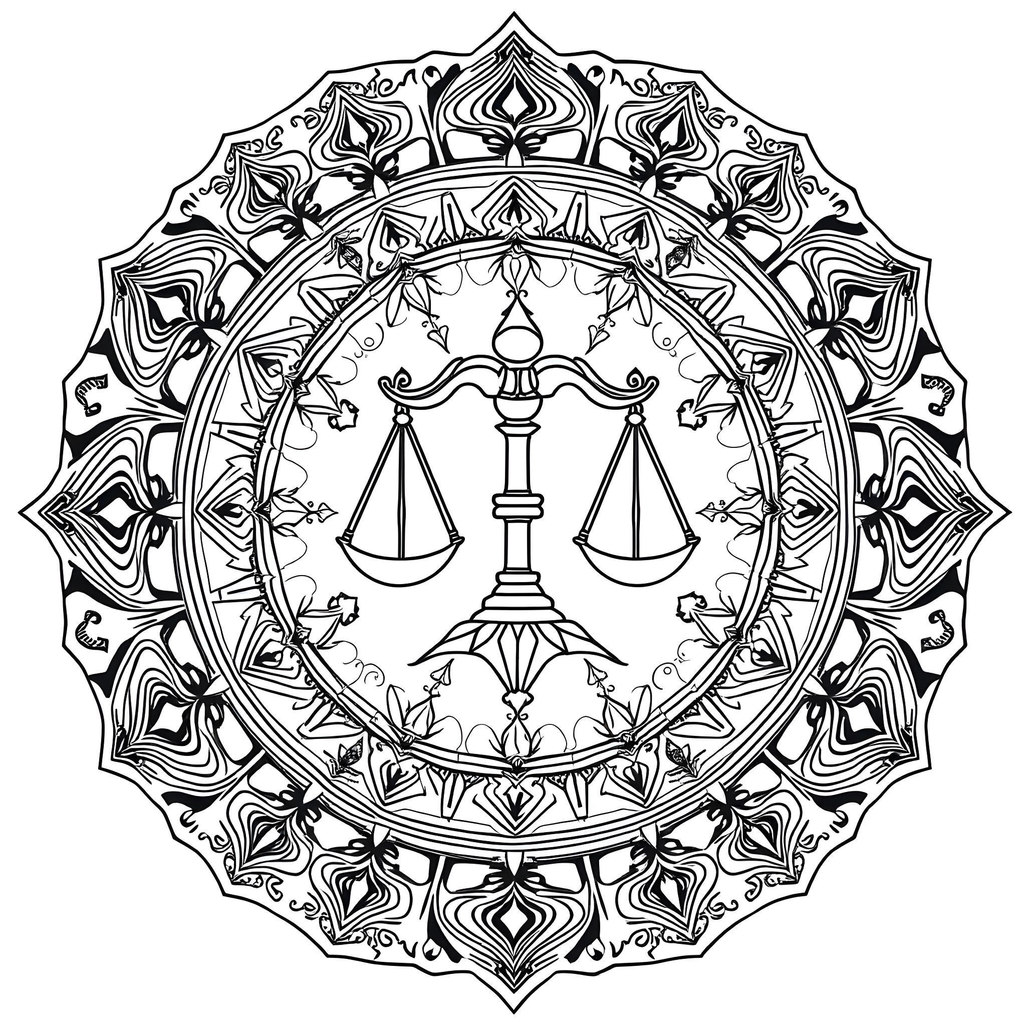 Mandala with Scales of Justice Symbol Coloring Page (free black-and-white line drawing printable PDF for all, from beginners to advanced learners, including children, teens, adults, and seniors)