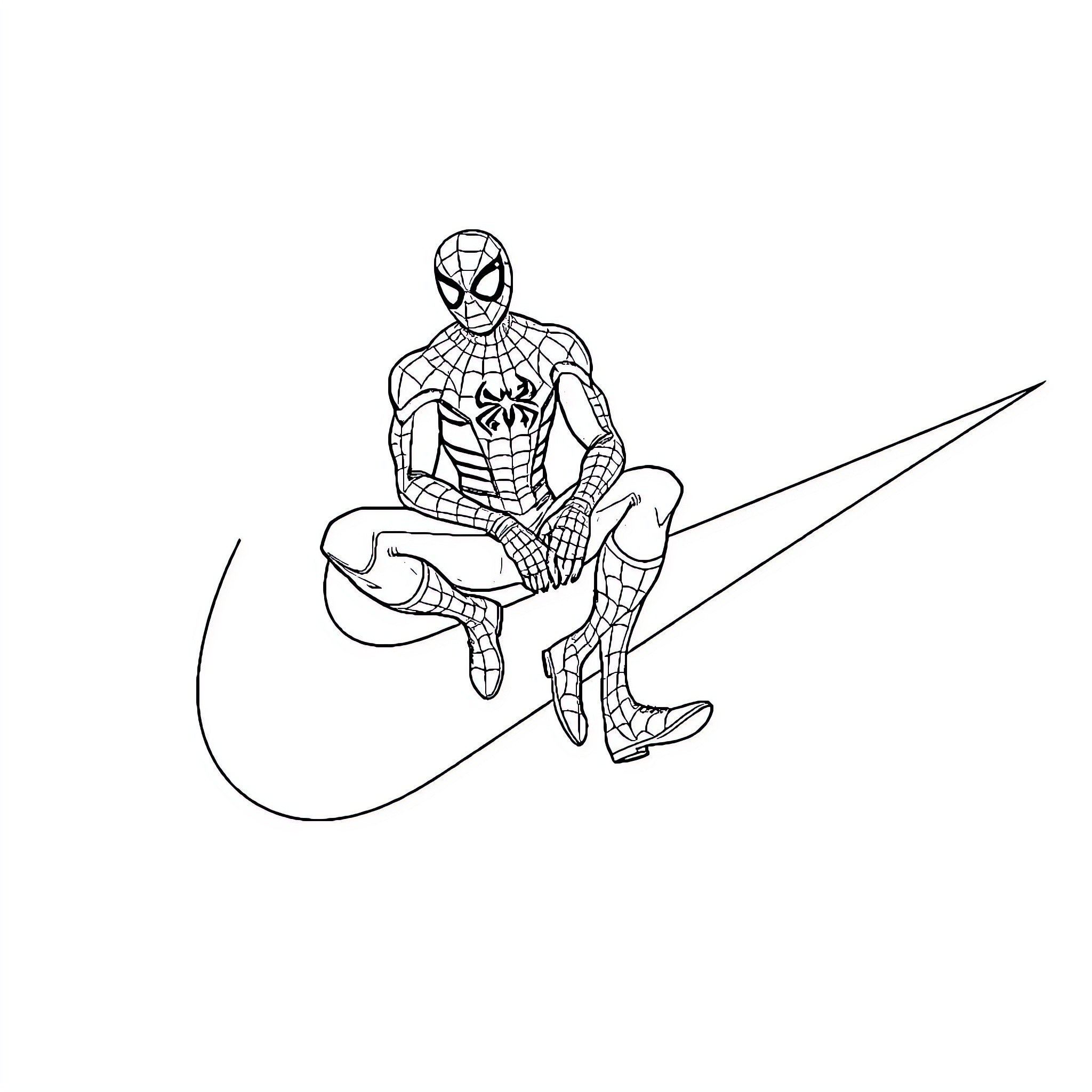 Spiderman swinging gracefully through the air Coloring Page (free black-and-white line drawing printable PDF for all, from beginners to advanced learners, including children, teens, adults, and seniors)