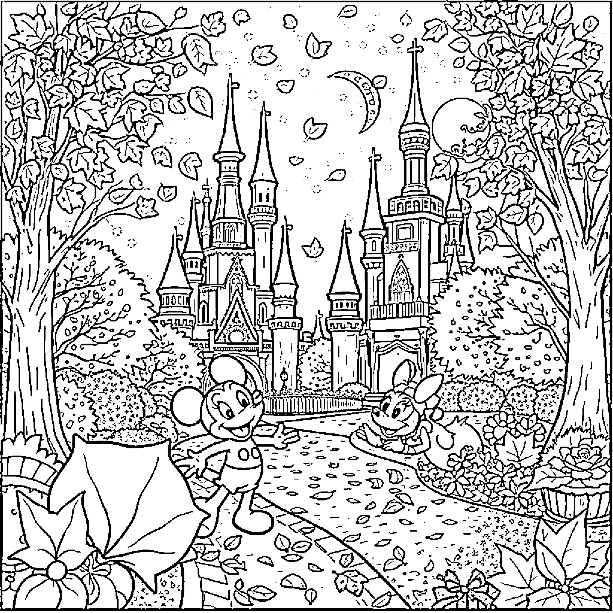 Disney Characters Exploring a Whimsical Castle Landscape Coloring Page (free black-and-white line drawing printable PDF for all, from beginners to advanced learners, including children, teens, adults, and seniors)