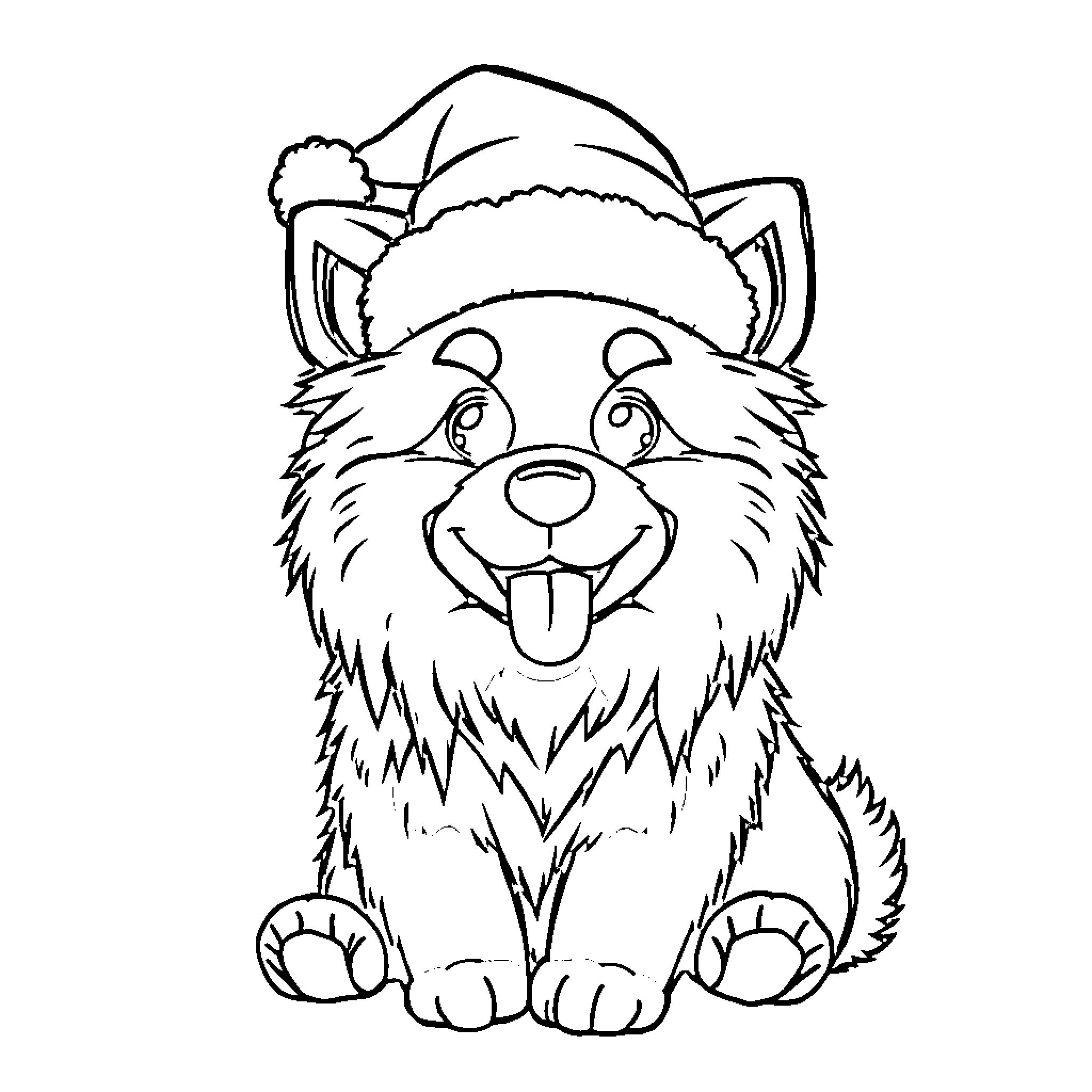 Finnish Lapphund wearing a Santa hat Coloring Page (free black-and-white line drawing printable PDF for all, from beginners to advanced learners, including children, teens, adults, and seniors)