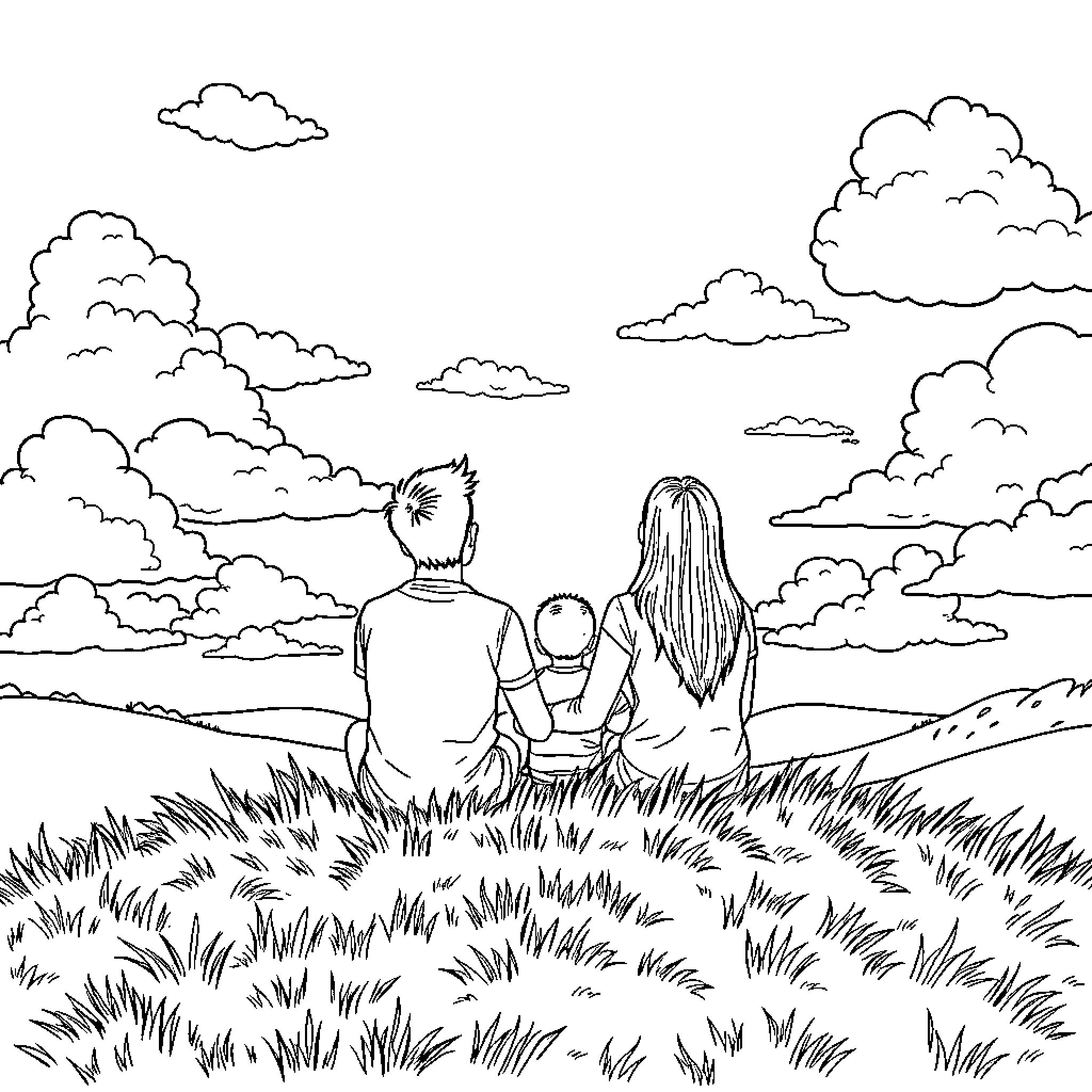 Couple sitting together admiring the view Coloring Page (free black-and-white line drawing printable PDF for all, from beginners to advanced learners, including children, teens, adults, and seniors)