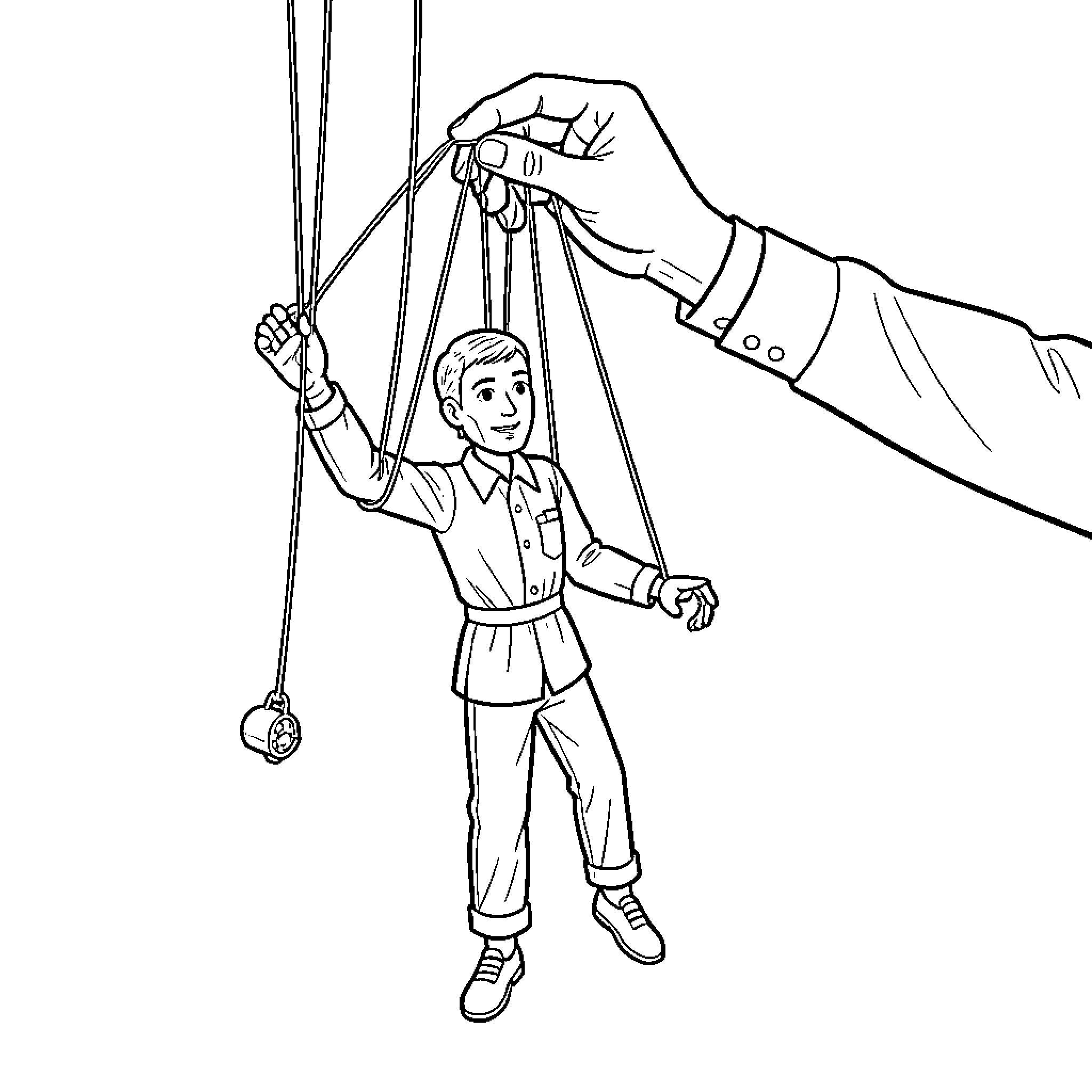 Marionette boy being controlled by a large hand Coloring Page (free black-and-white line drawing printable PDF for all, from beginners to advanced learners, including children, teens, adults, and seniors)