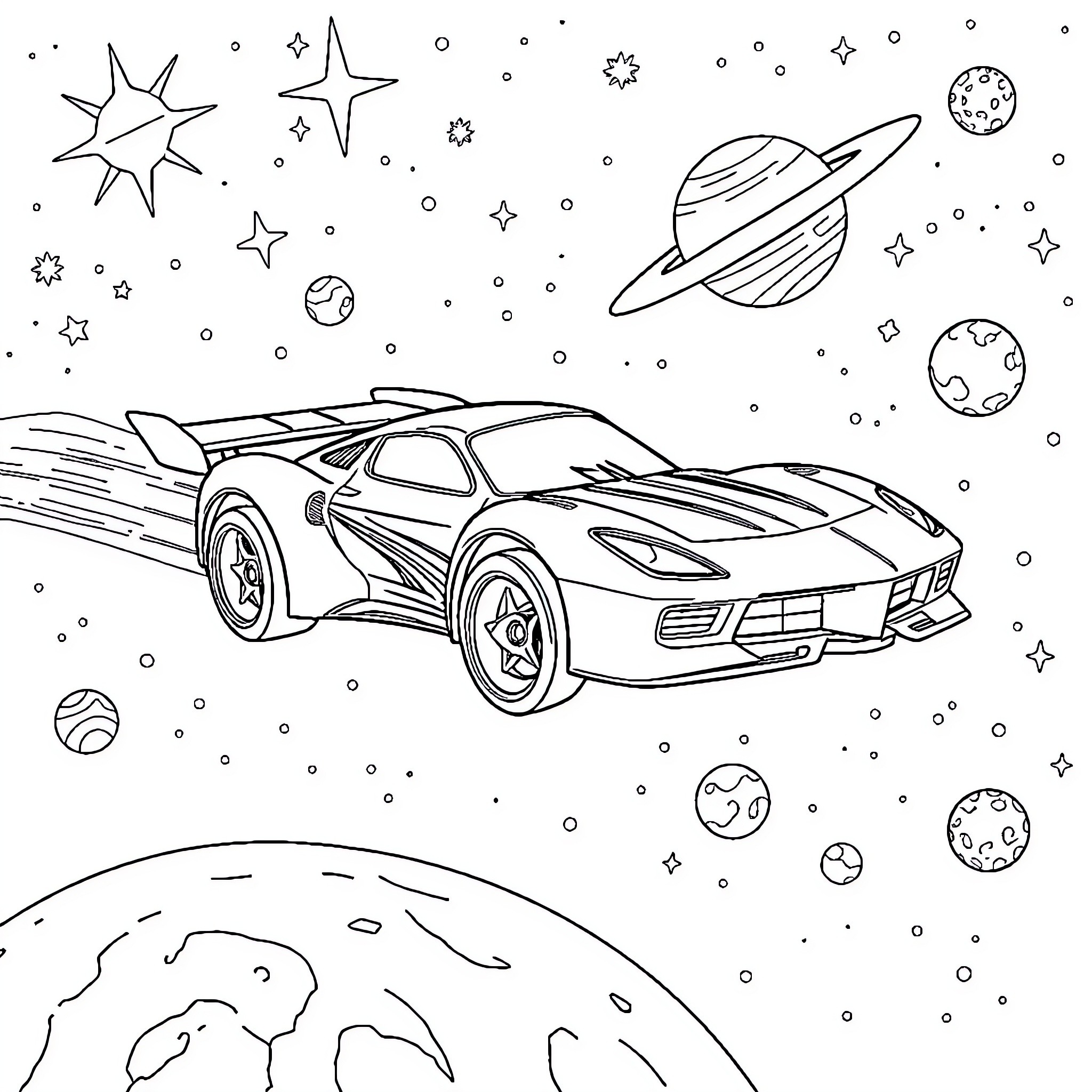 Hot Wheels racing in cosmic space adventure Coloring Page (free black-and-white line drawing printable PDF for all, from beginners to advanced learners, including children, teens, adults, and seniors)