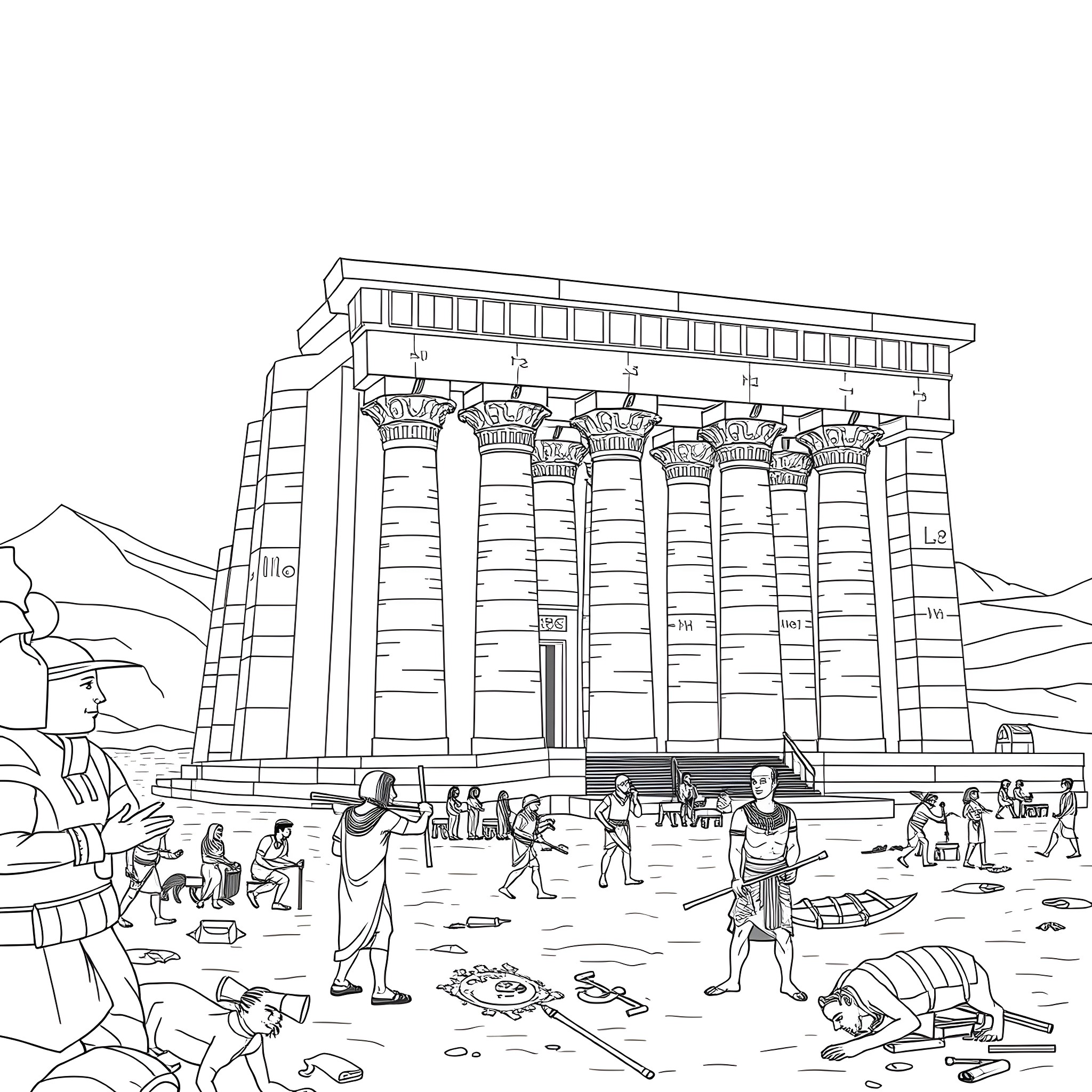 Temple of ancient Egyptian culture and architecture Coloring Page (free black-and-white line drawing printable PDF for all, from beginners to advanced learners, including children, teens, adults, and seniors)