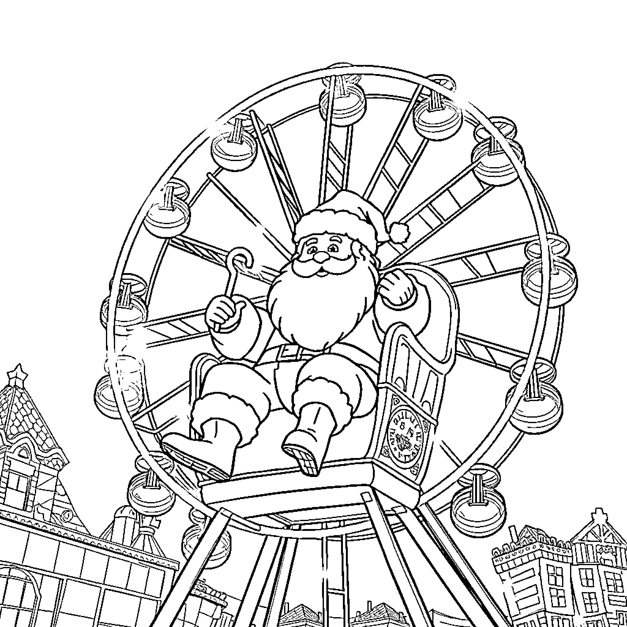 Santa on Festive Ferris Wheel Overlooking Town Coloring Page (free black-and-white line drawing printable PDF for all, from beginners to advanced learners, including children, teens, adults, and seniors)