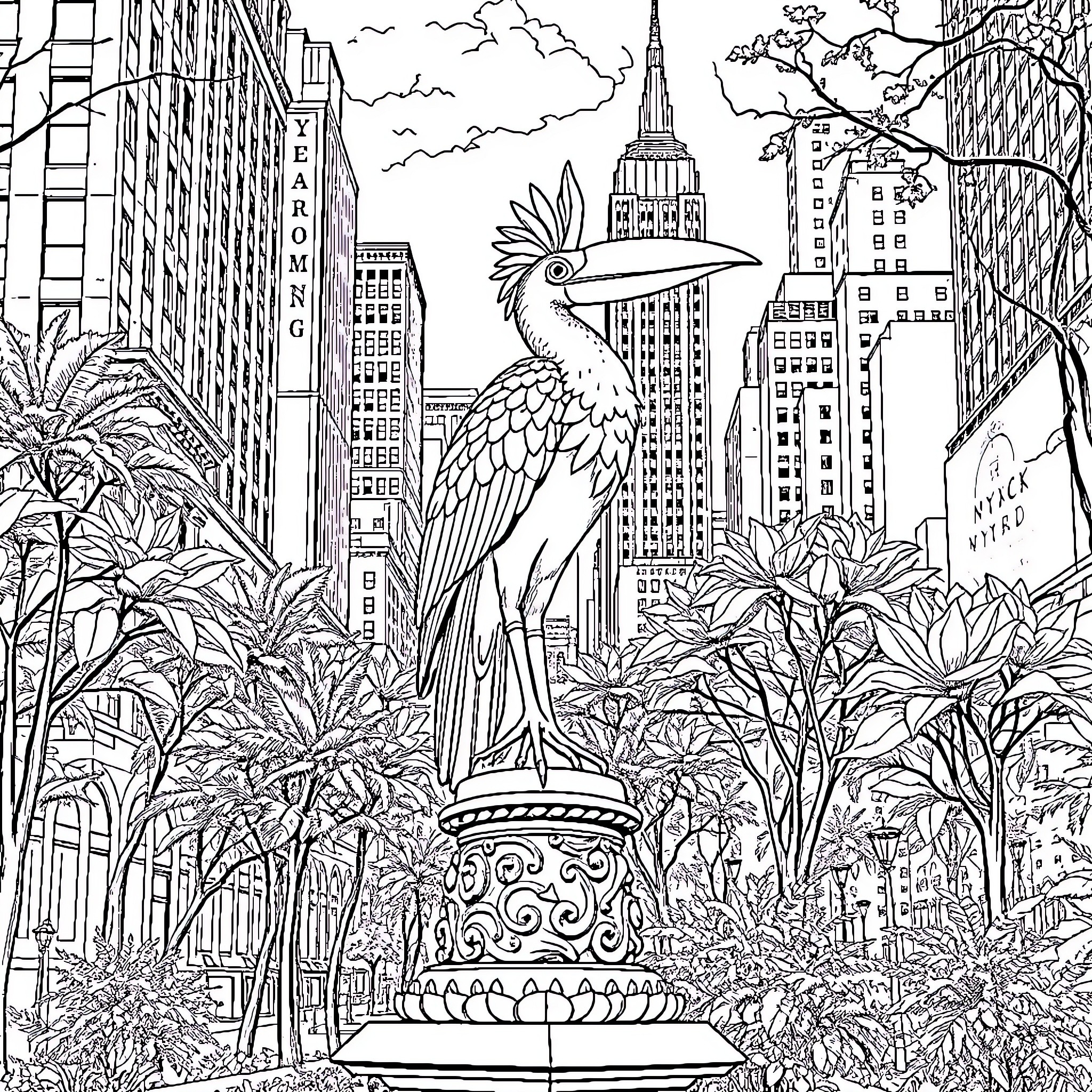Bird in the city with high-rise buildings Coloring Page (free black-and-white line drawing printable PDF for all, from beginners to advanced learners, including children, teens, adults, and seniors)