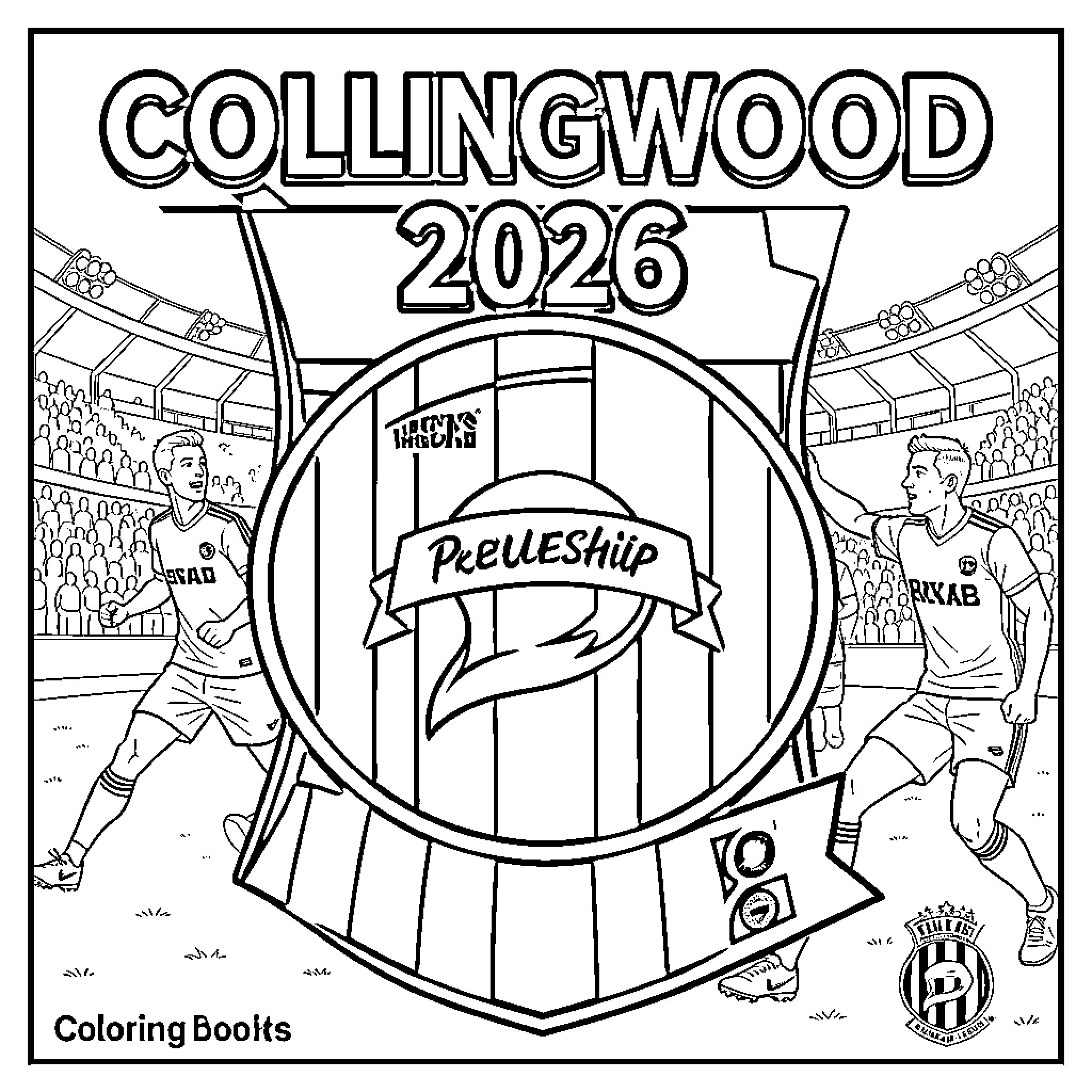 Collingwood football players celebrating on a stadium field Coloring Page (free black-and-white line drawing printable PDF for all, from beginners to advanced learners, including children, teens, adults, and seniors)