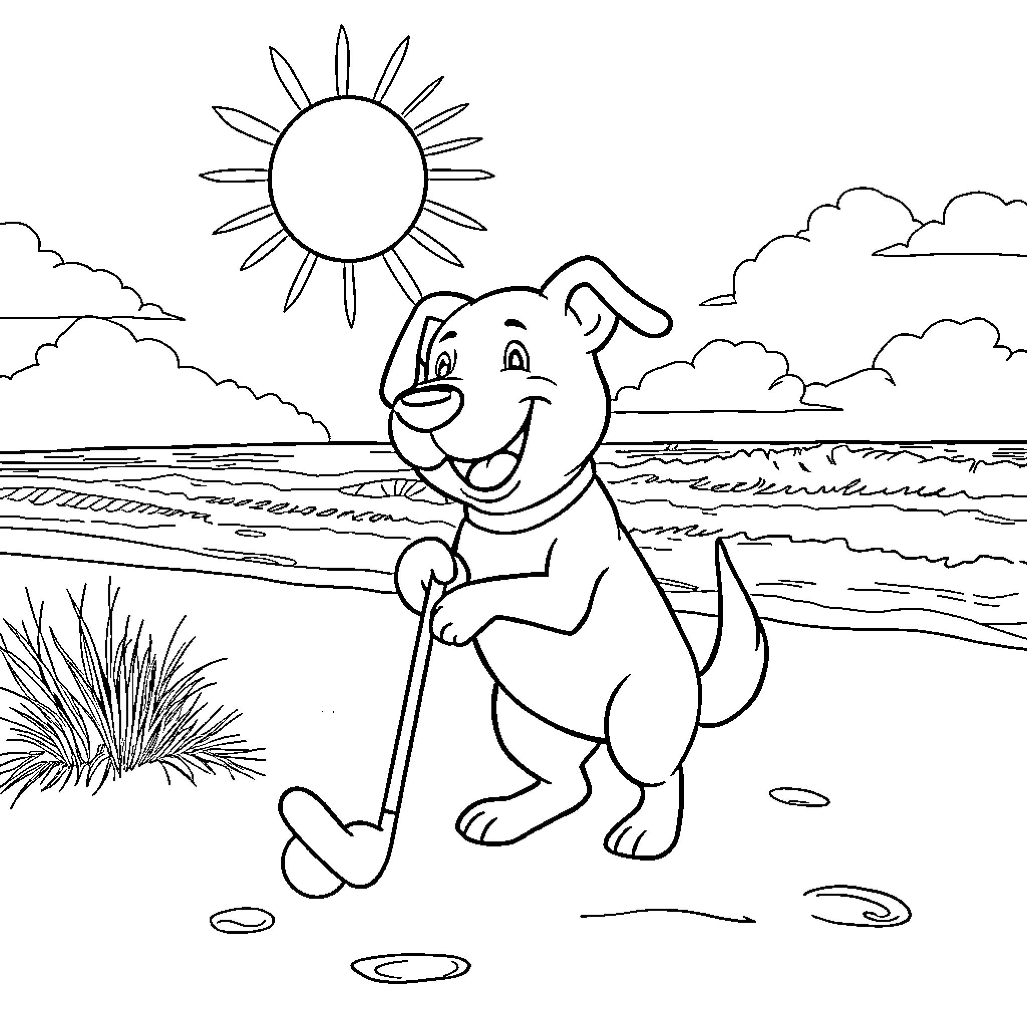 Dog enjoying a sunny day at the beach Coloring Page (free black-and-white line drawing printable PDF for all, from beginners to advanced learners, including children, teens, adults, and seniors)