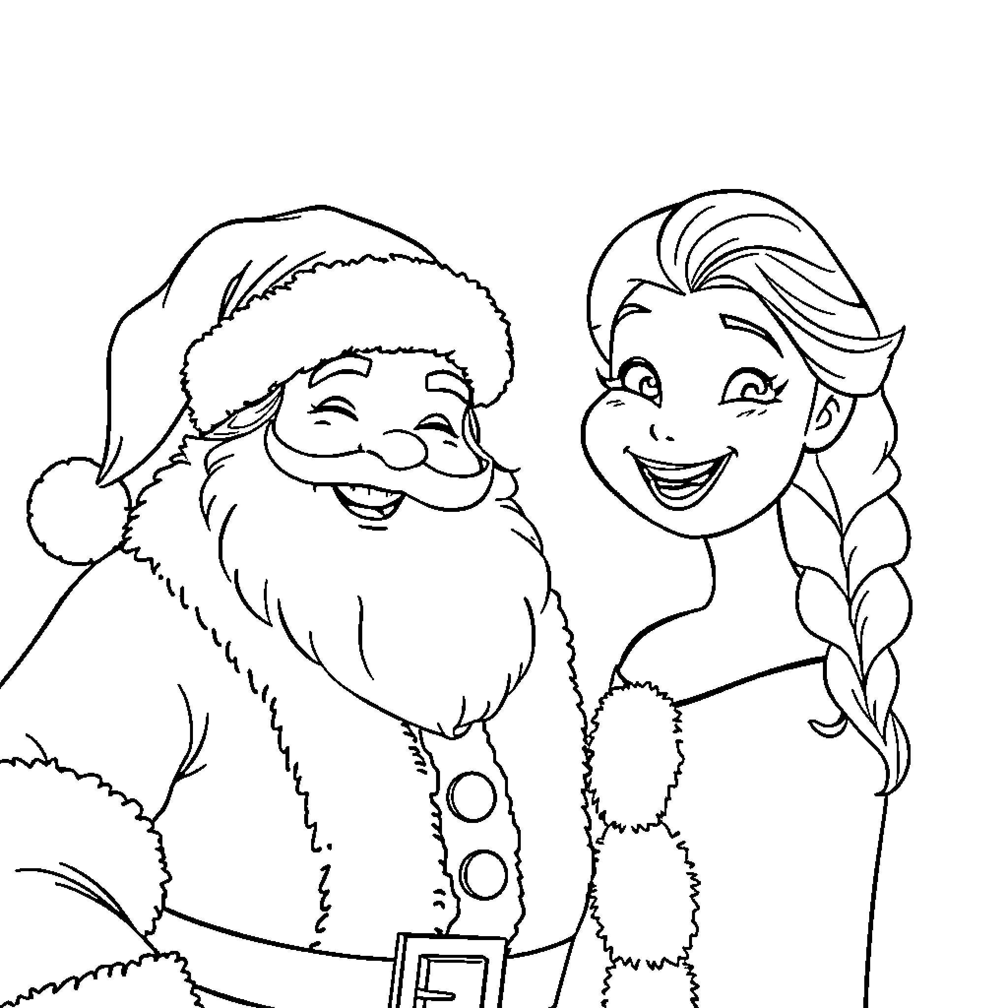 Elsa and Santa Claus sharing a joyful moment Coloring Page (free black-and-white line drawing printable PDF for all, from beginners to advanced learners, including children, teens, adults, and seniors)
