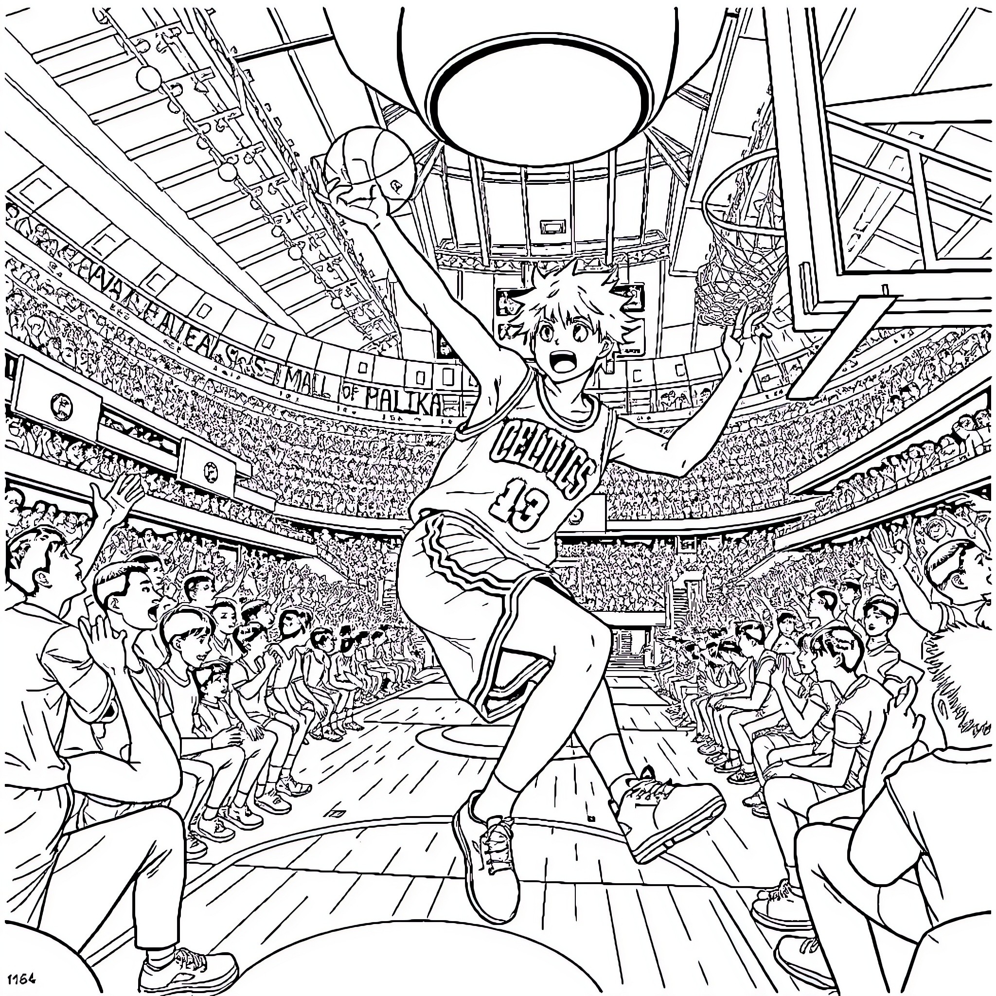 Gintoki's Sports Celebration in a Lively Arena Coloring Page (free black-and-white line drawing printable PDF for all, from beginners to advanced learners, including children, teens, adults, and seniors)