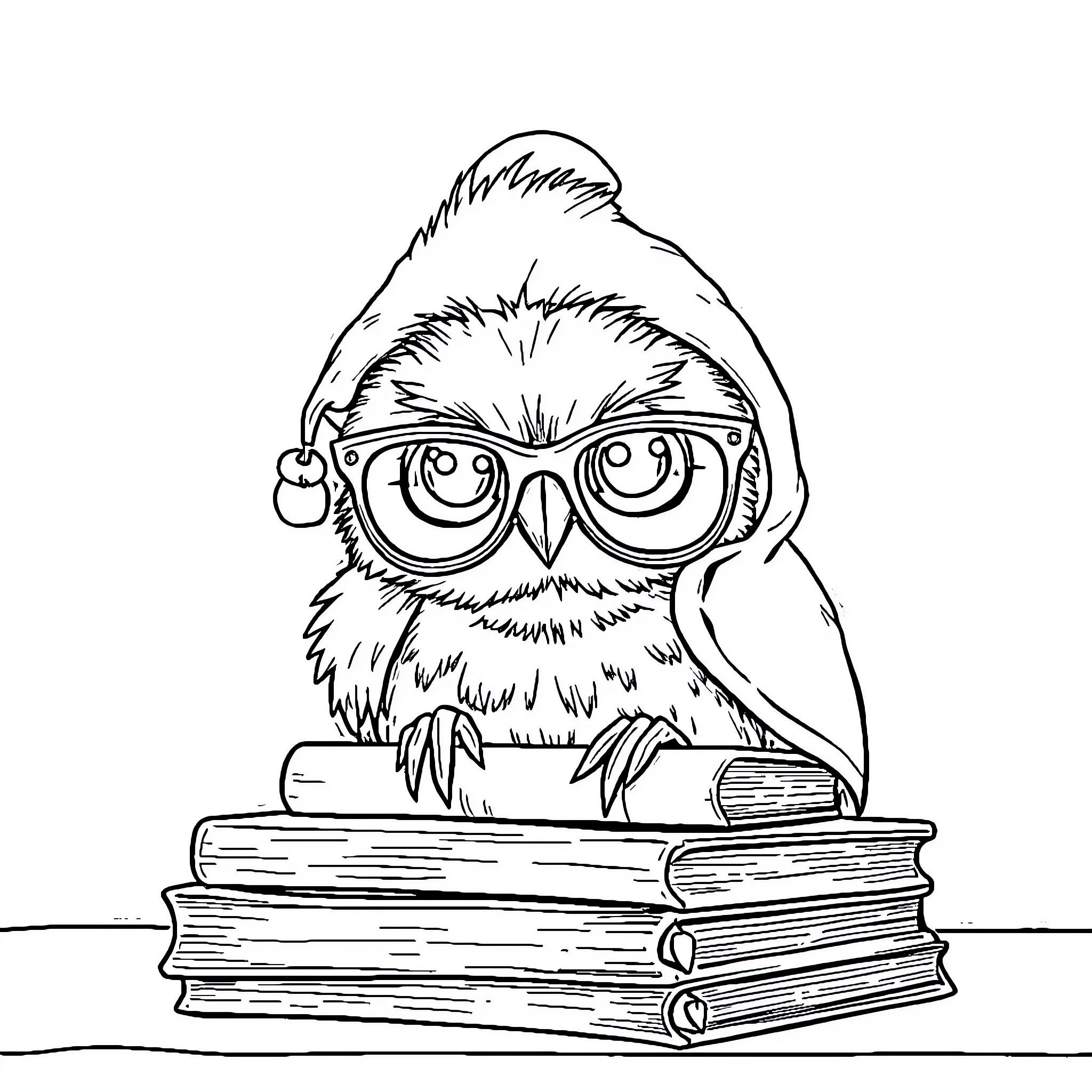 Owl reading intently on a stack of books Coloring Page (free black-and-white line drawing printable PDF for all, from beginners to advanced learners, including children, teens, adults, and seniors)