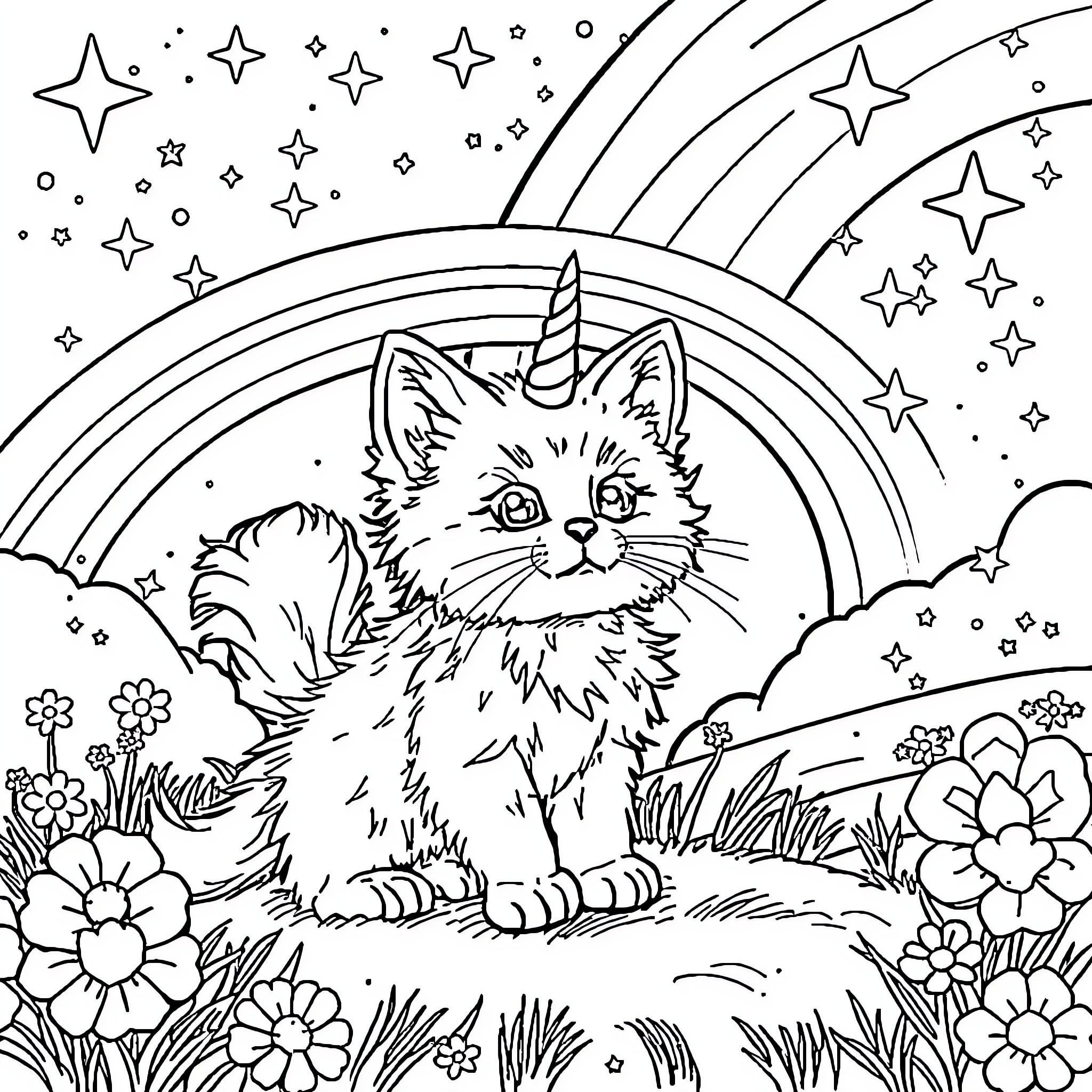 Kitty in a Magical Meadow Coloring Page (free black-and-white line drawing printable PDF for all, from beginners to advanced learners, including children, teens, adults, and seniors)