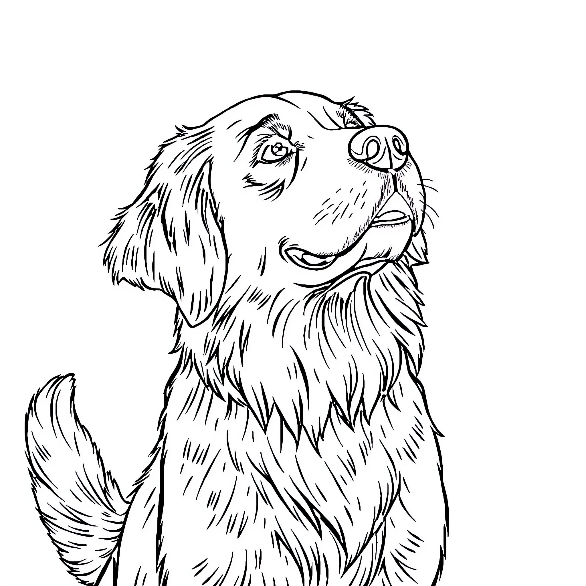 Golden Retriever looking playful and happy Coloring Page (free black-and-white line drawing printable PDF for all, from beginners to advanced learners, including children, teens, adults, and seniors)