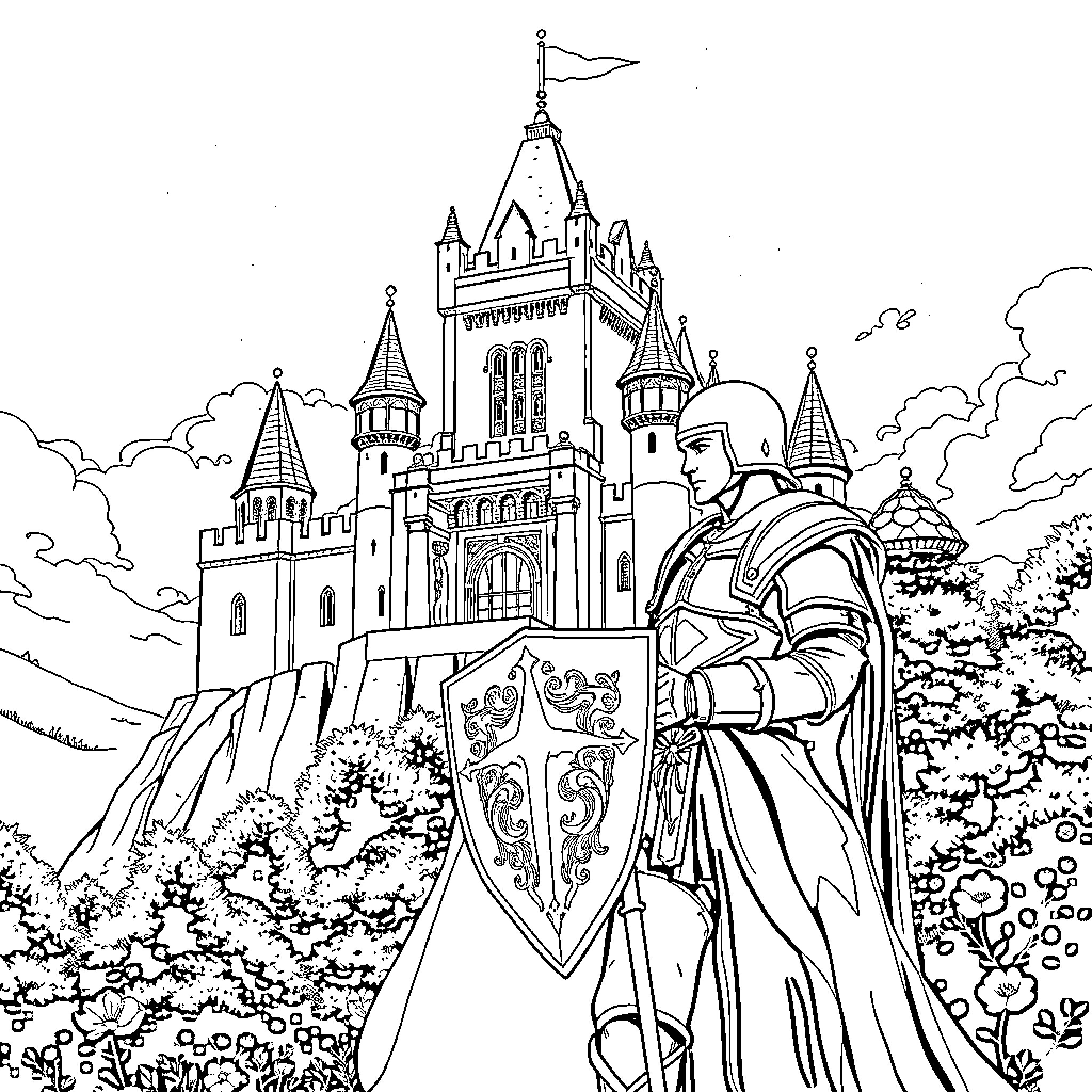 Knight standing guard before the grand castle Coloring Page (free black-and-white line drawing printable PDF for all, from beginners to advanced learners, including children, teens, adults, and seniors)