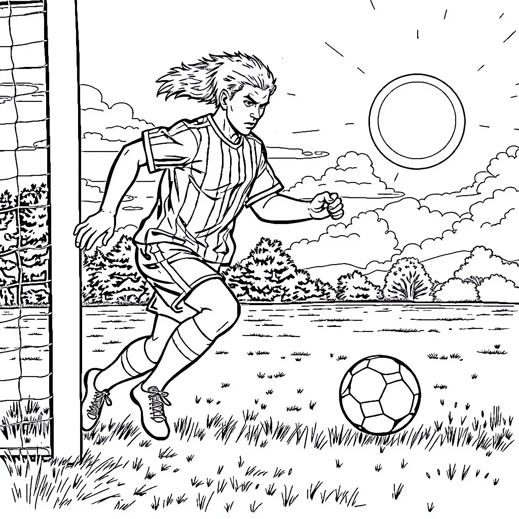 Bateman plays soccer in the field Coloring Page (free black-and-white line drawing printable PDF for all, from beginners to advanced learners, including children, teens, adults, and seniors)
