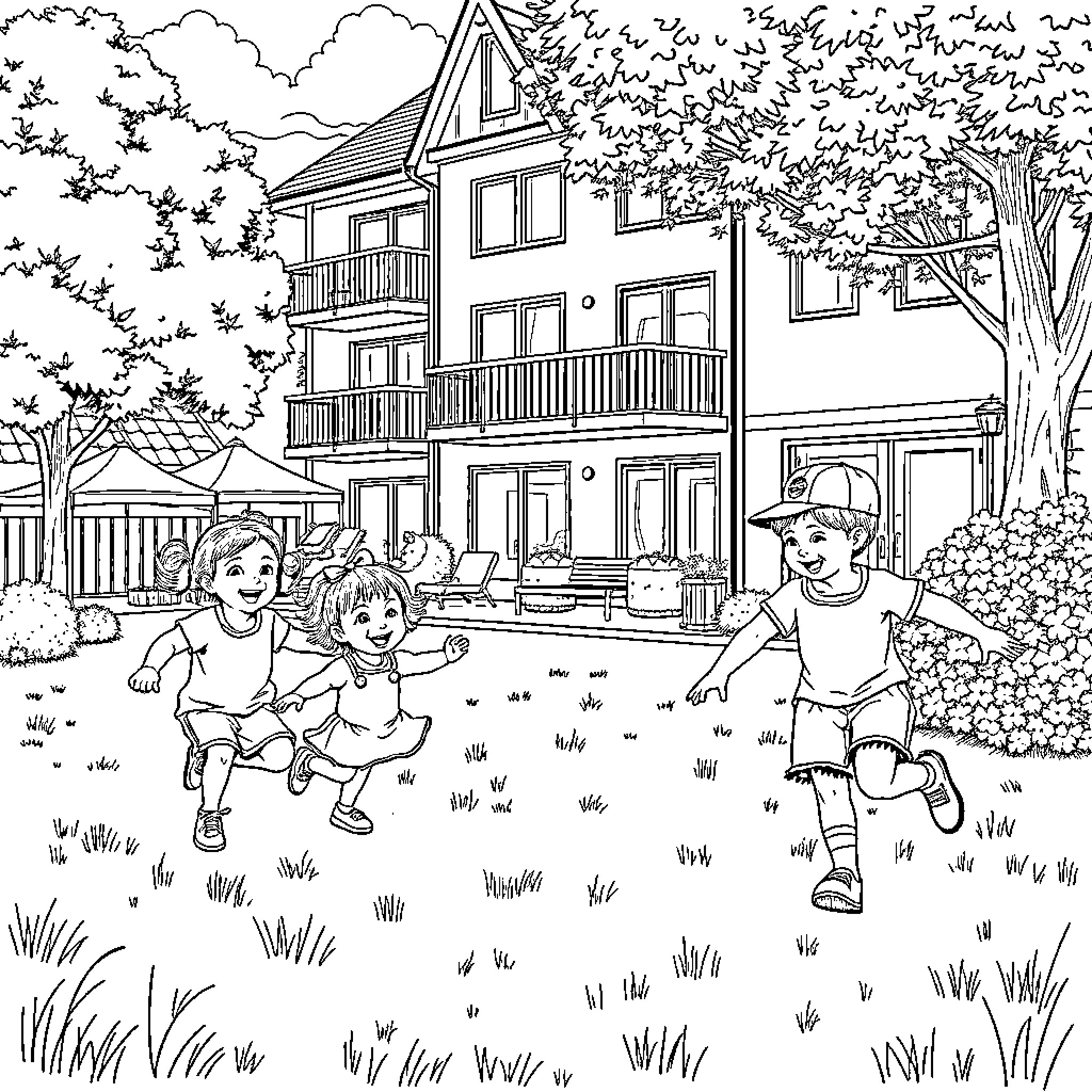 Kids playing joyfully in the backyard Coloring Page (free black-and-white line drawing printable PDF for all, from beginners to advanced learners, including children, teens, adults, and seniors)