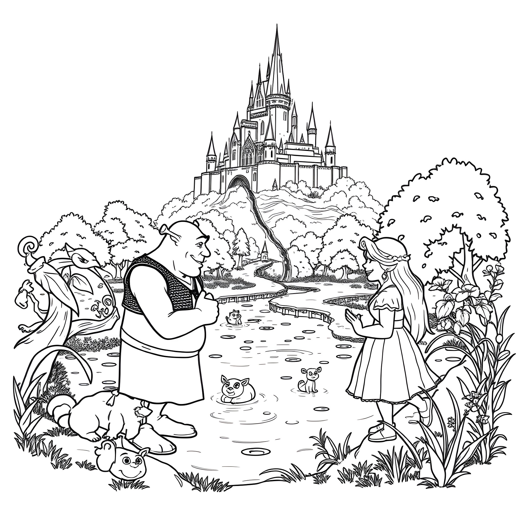Shrek and friends exploring the fairytale castle landscape Coloring Page (free black-and-white line drawing printable PDF for all, from beginners to advanced learners, including children, teens, adults, and seniors)