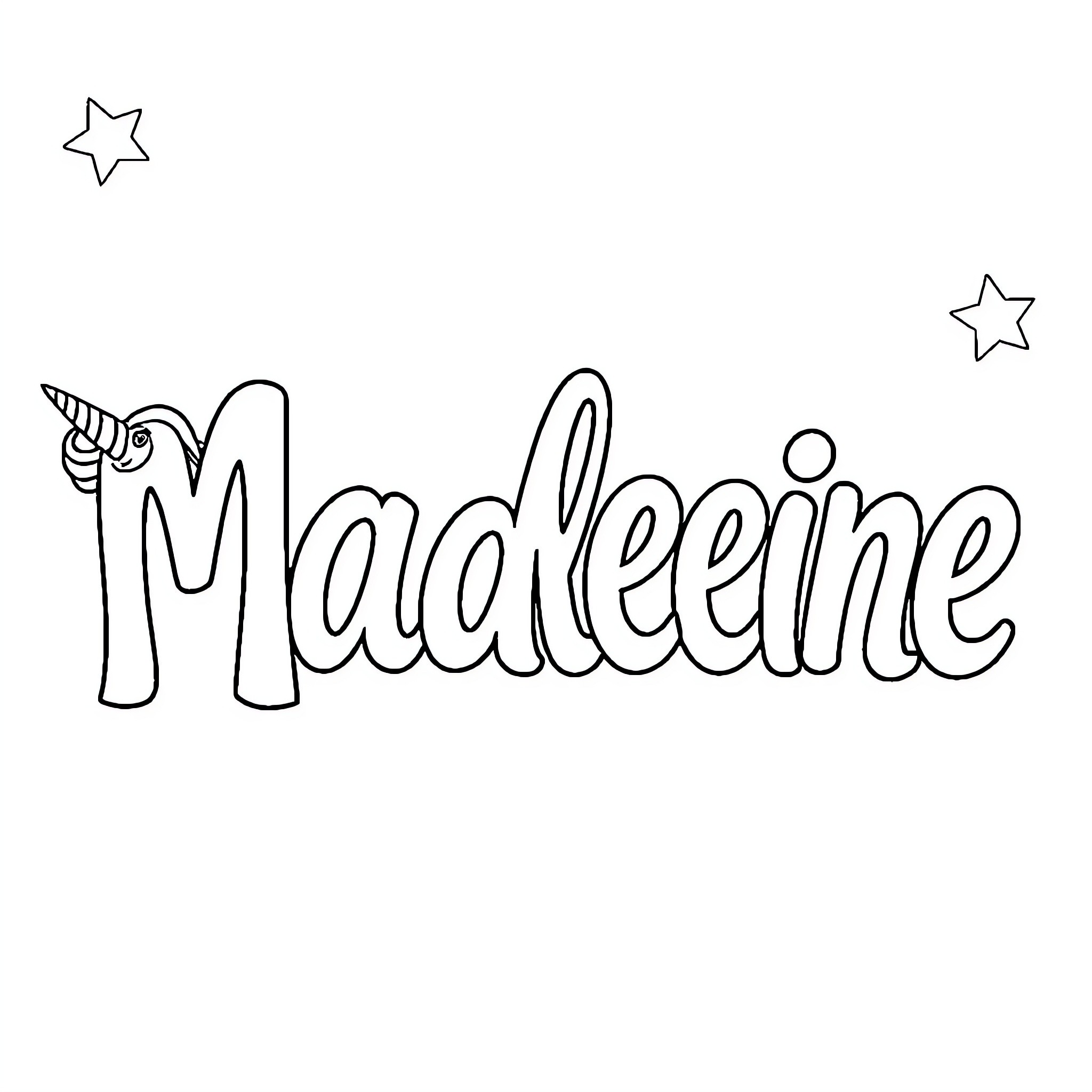 Unicorn Madleeine stylized in lettering Coloring Page (free black-and-white line drawing printable PDF for all, from beginners to advanced learners, including children, teens, adults, and seniors)