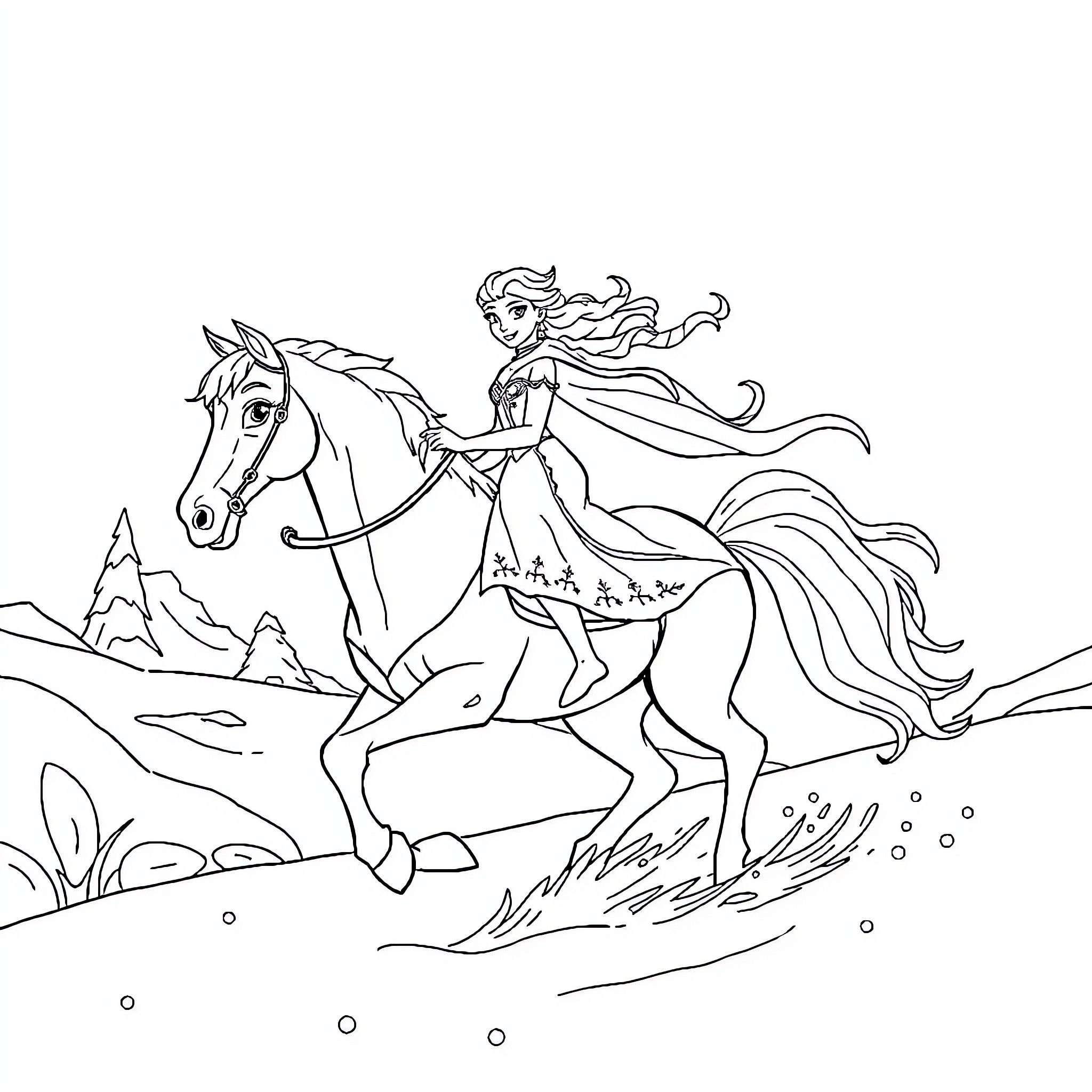 Elsa's Enchanted Equestrian Adventure Coloring Page (free black-and-white line drawing printable PDF for all, from beginners to advanced learners, including children, teens, adults, and seniors)