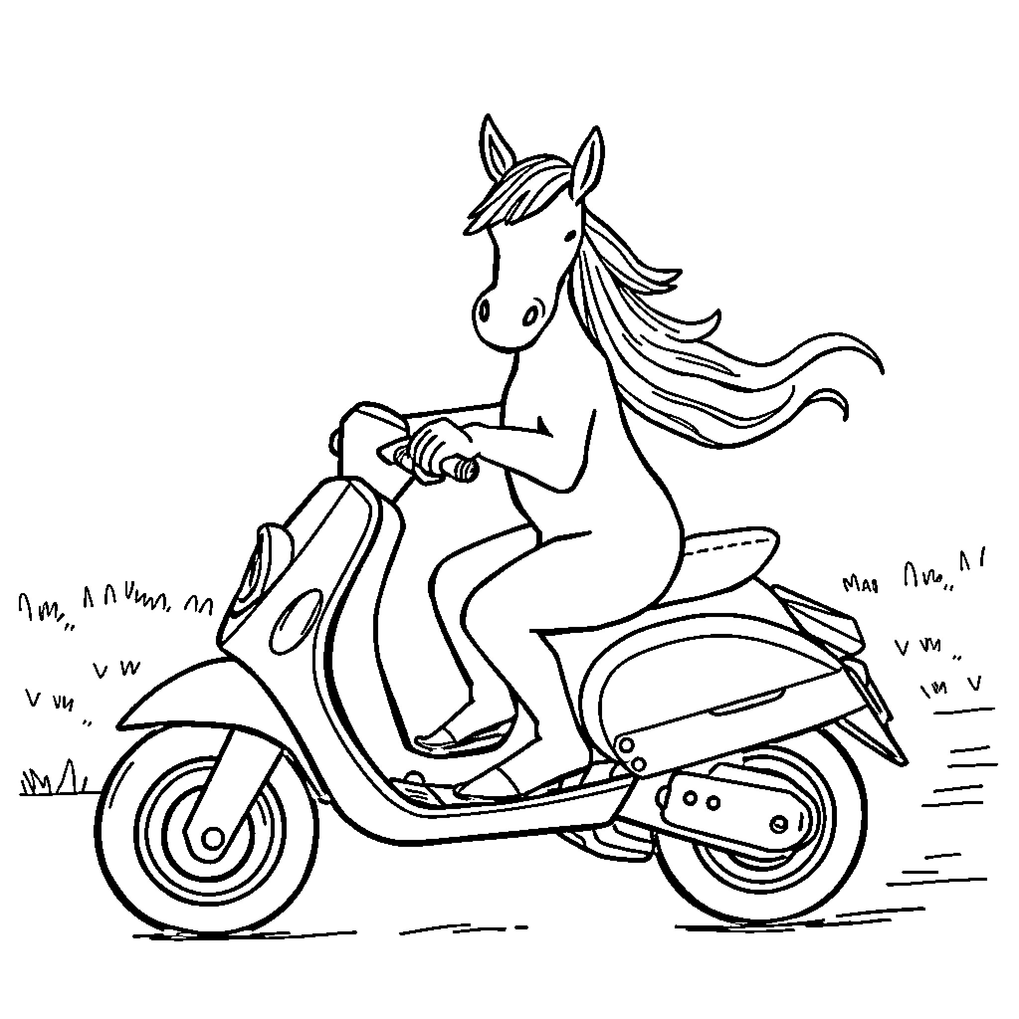 Horse riding a scooter on the road Coloring Page (free black-and-white line drawing printable PDF for all, from beginners to advanced learners, including children, teens, adults, and seniors)