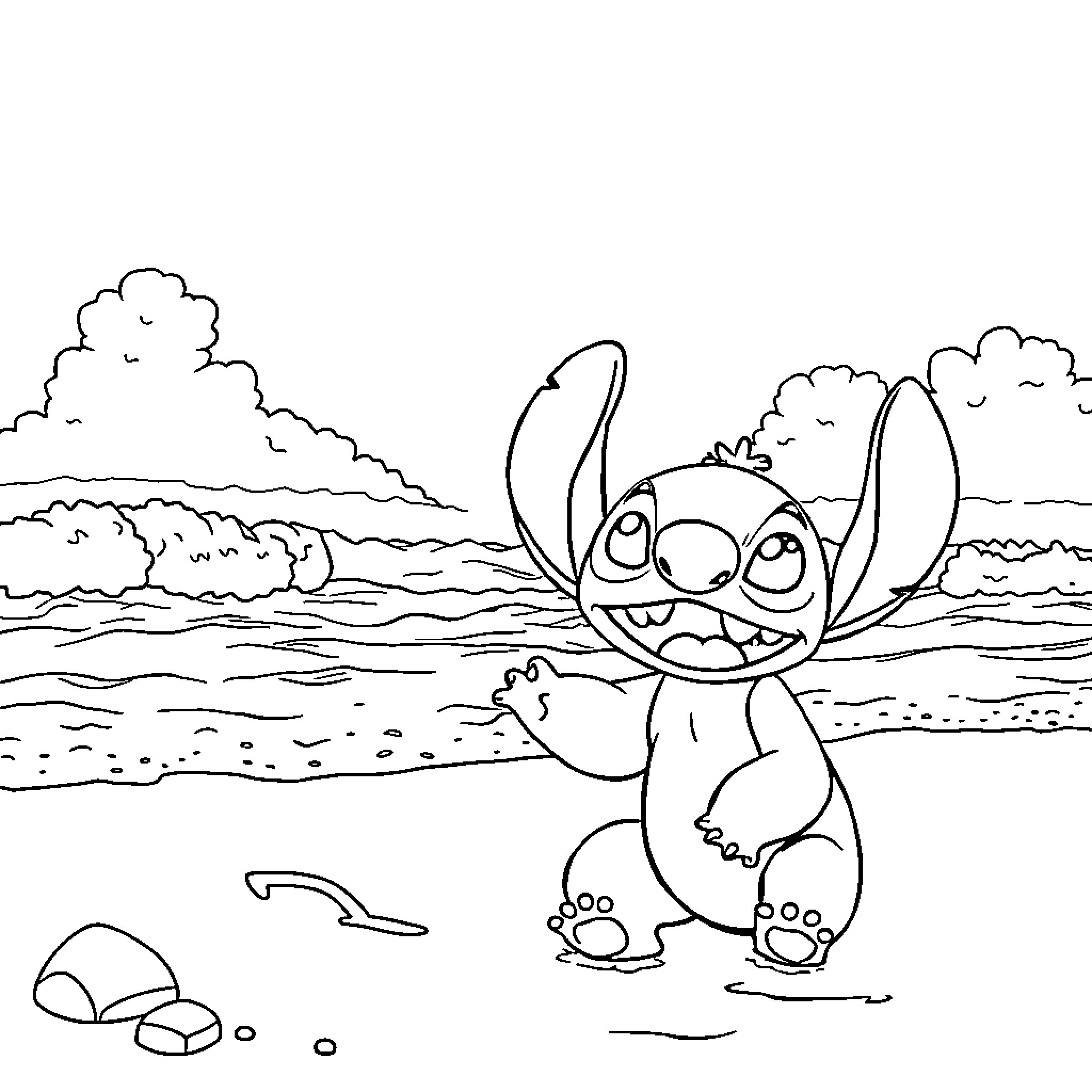 Lilo And Stitch playing at the beach Coloring Page (free black-and-white line drawing printable PDF for all, from beginners to advanced learners, including children, teens, adults, and seniors)