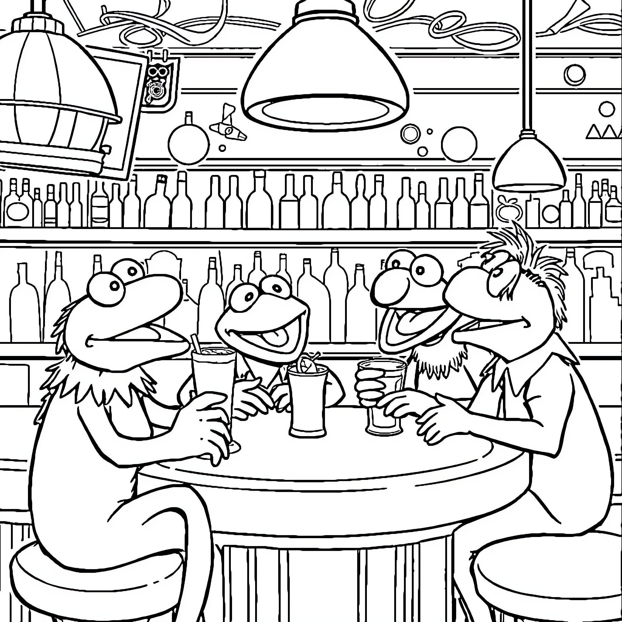 Muppets Enjoying a Night Out at the Bar Coloring Page (free black-and-white line drawing printable PDF for all, from beginners to advanced learners, including children, teens, adults, and seniors)
