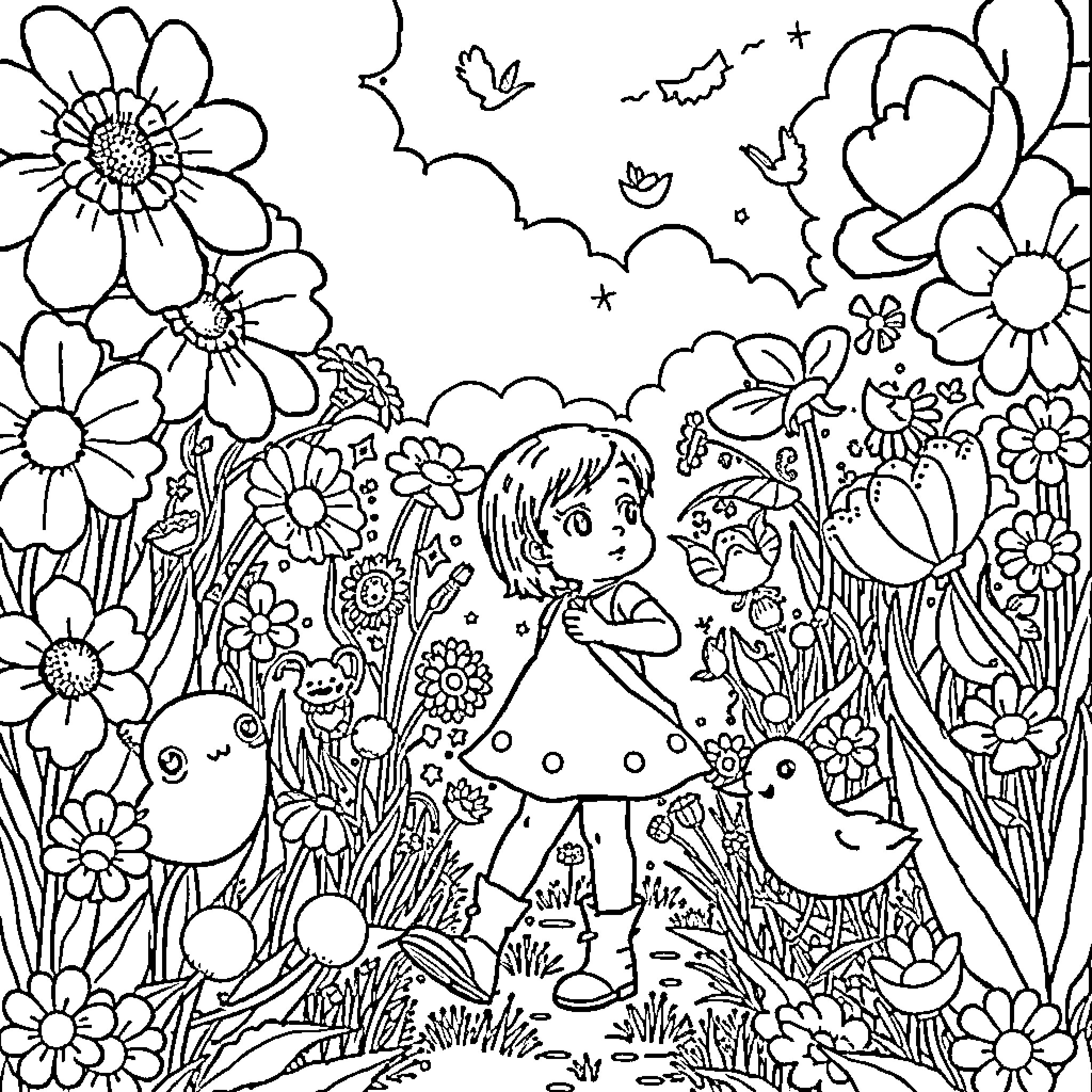 Addison's Enchanting Floral Adventure Coloring Page (free black-and-white line drawing printable PDF for all, from beginners to advanced learners, including children, teens, adults, and seniors)