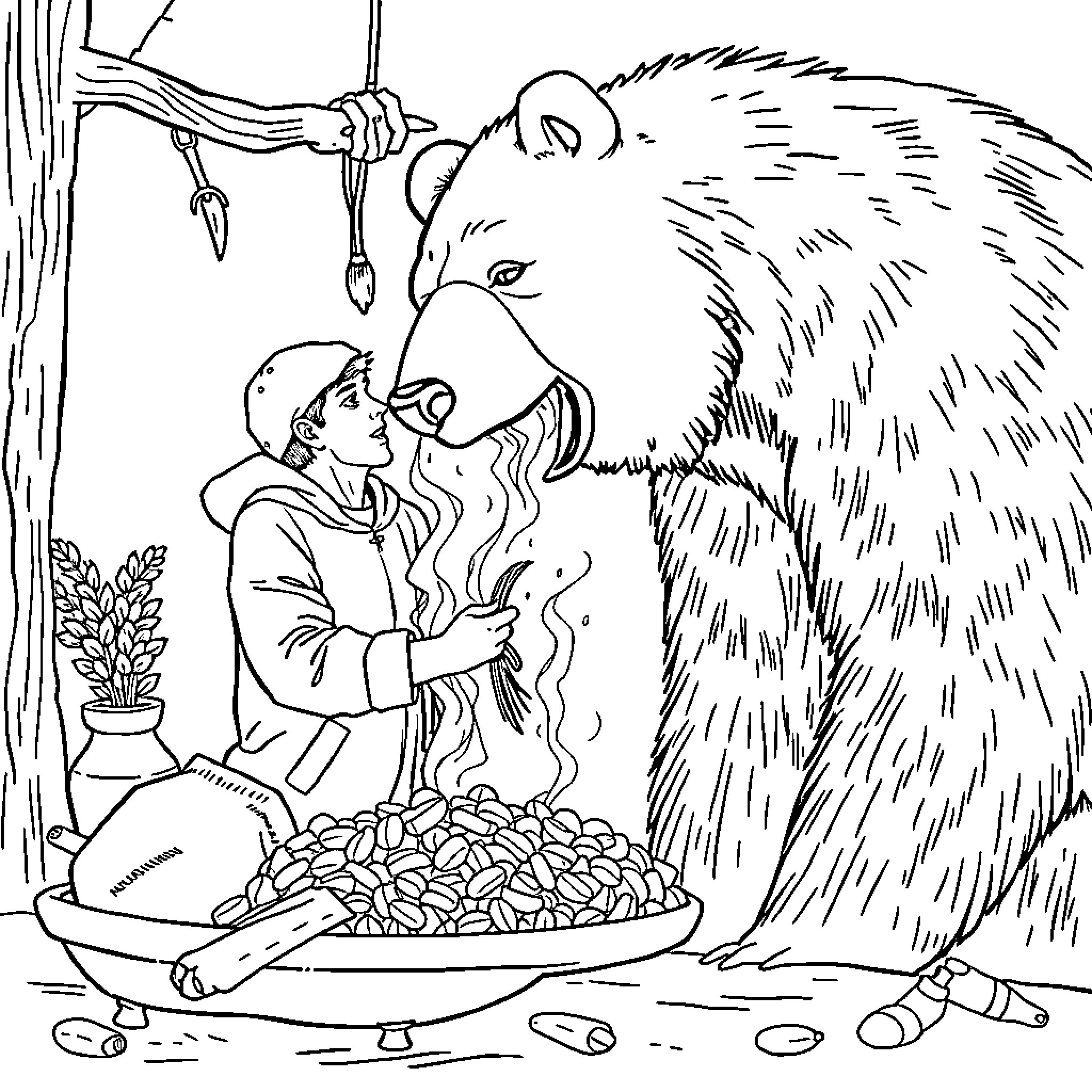 Bear sharing food with a human friend Coloring Page (free black-and-white line drawing printable PDF for all, from beginners to advanced learners, including children, teens, adults, and seniors)