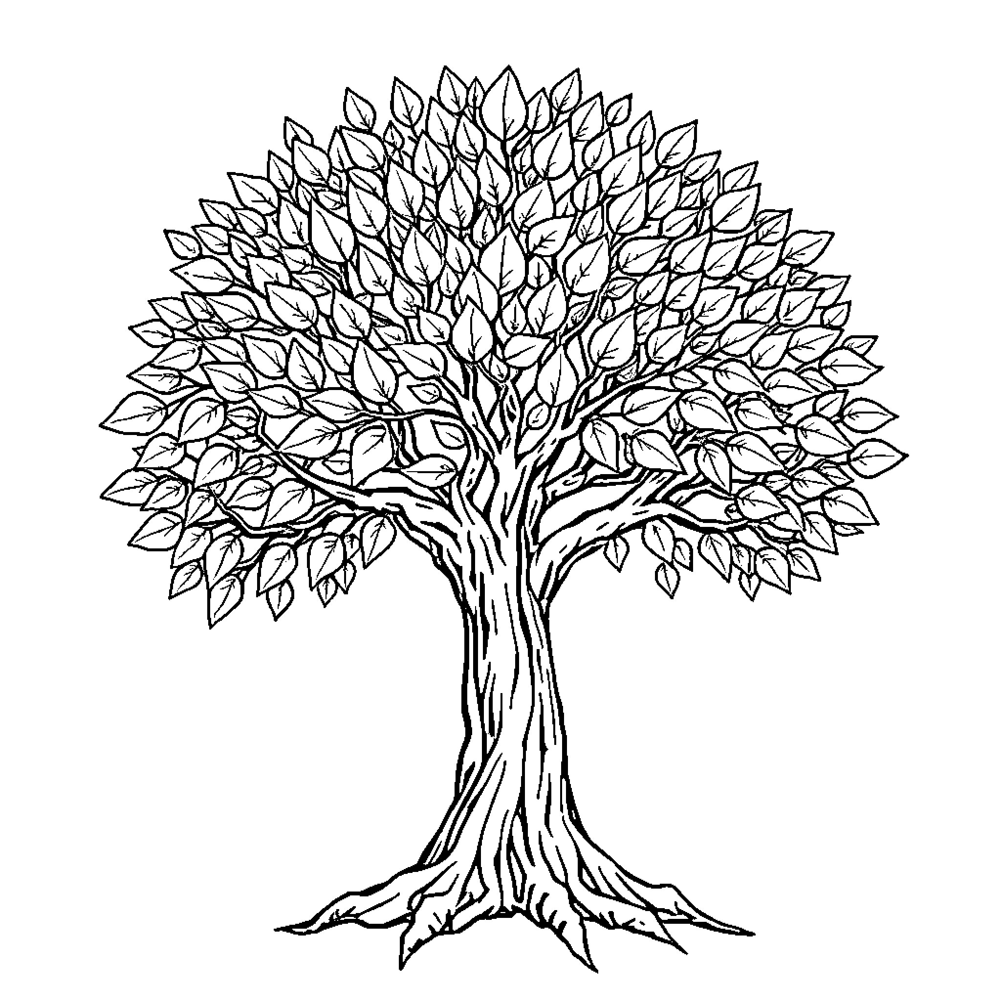 Tree with intricate leafy branches Coloring Page (free black-and-white line drawing printable PDF for all, from beginners to advanced learners, including children, teens, adults, and seniors)