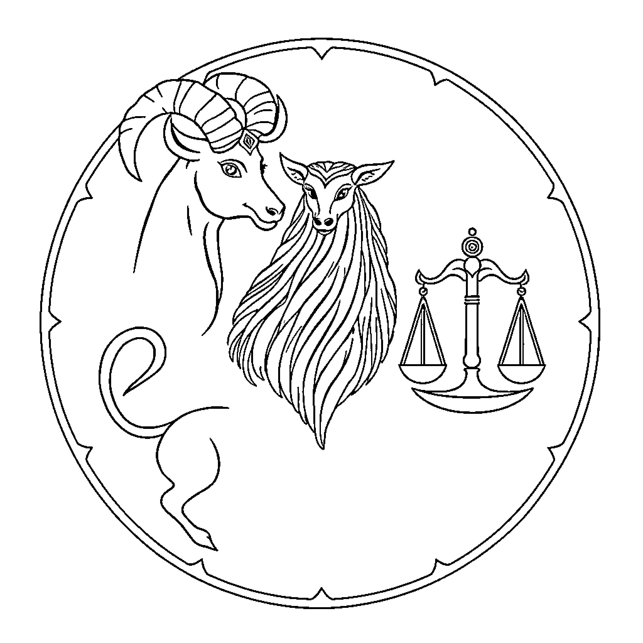 Compass depicting mythical creatures and astrological symbols Coloring Page (free black-and-white line drawing printable PDF for all, from beginners to advanced learners, including children, teens, adults, and seniors)