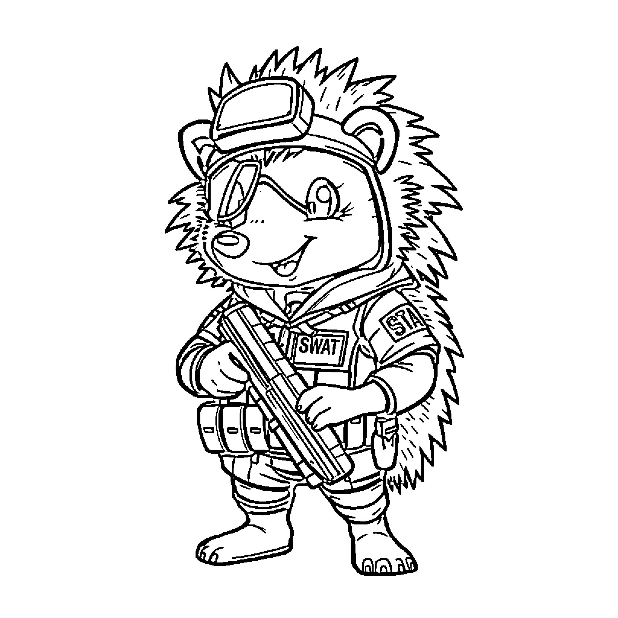 Hedgehog SWAT officer in uniform Coloring Page (free black-and-white line drawing printable PDF for all, from beginners to advanced learners, including children, teens, adults, and seniors)