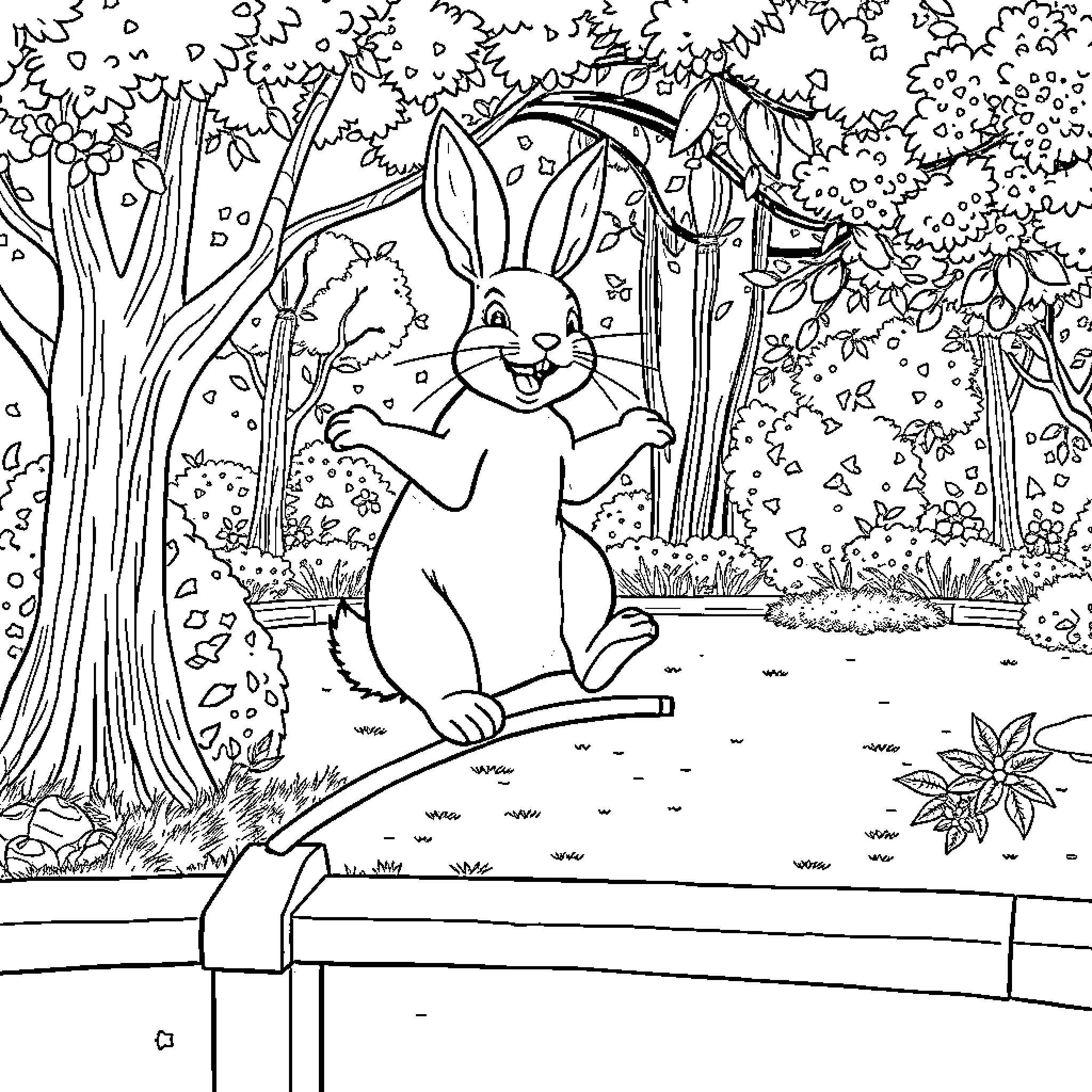 Rabbit enjoying the forest scenery Coloring Page (free black-and-white line drawing printable PDF for all, from beginners to advanced learners, including children, teens, adults, and seniors)