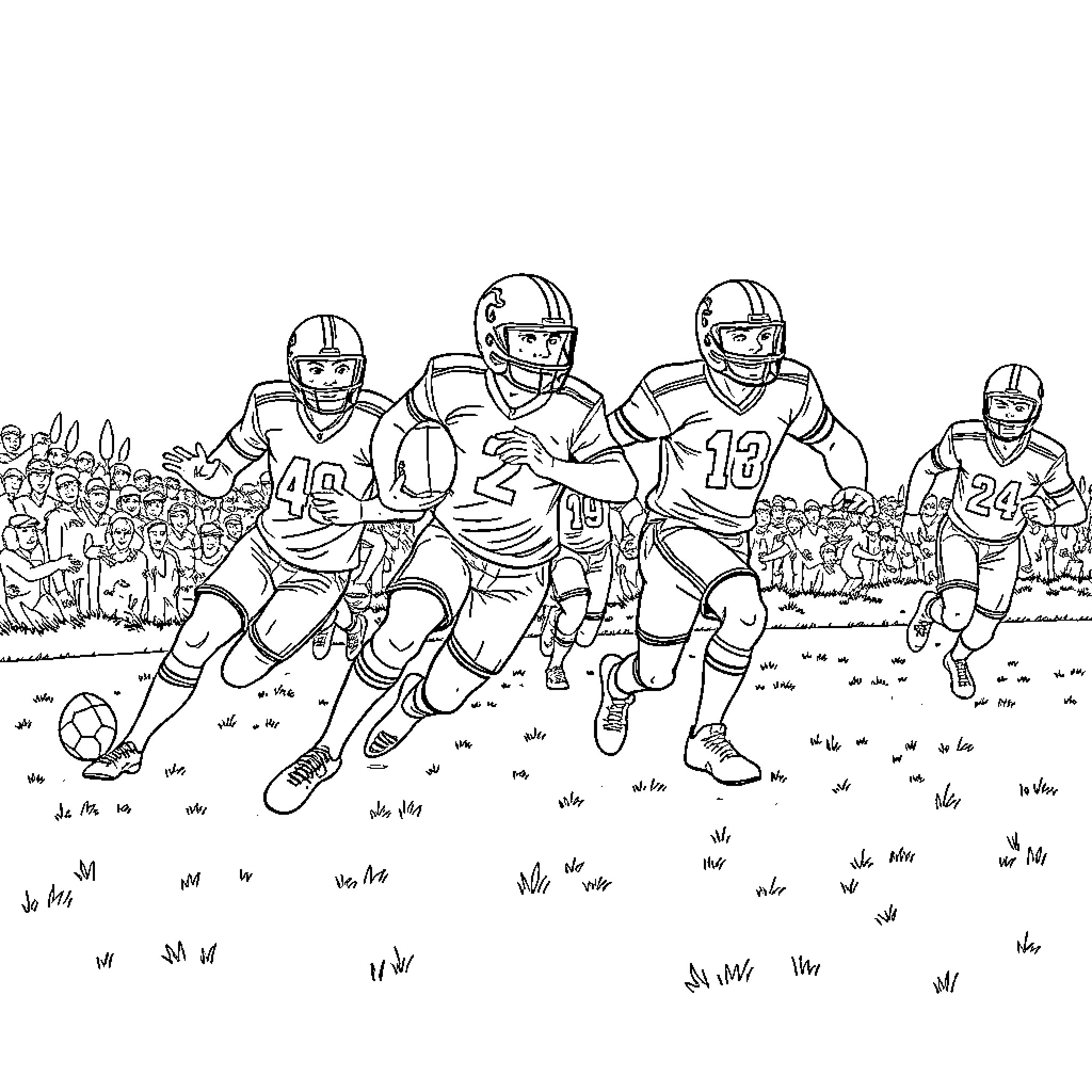 Football Players in Intense Game Action Coloring Page (free black-and-white line drawing printable PDF for all, from beginners to advanced learners, including children, teens, adults, and seniors)