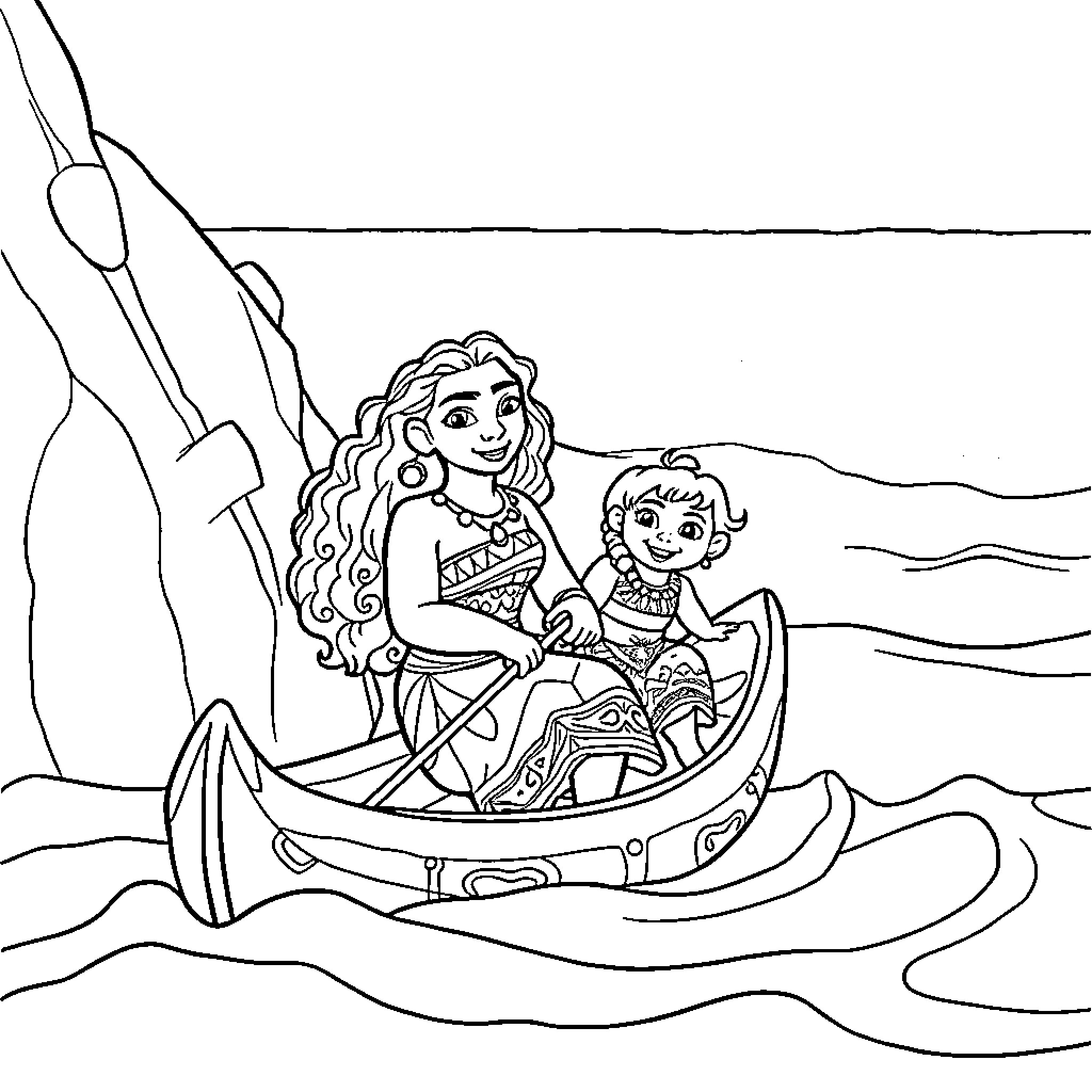 Moana and Maui sailing on a boat Coloring Page (free black-and-white line drawing printable PDF for all, from beginners to advanced learners, including children, teens, adults, and seniors)
