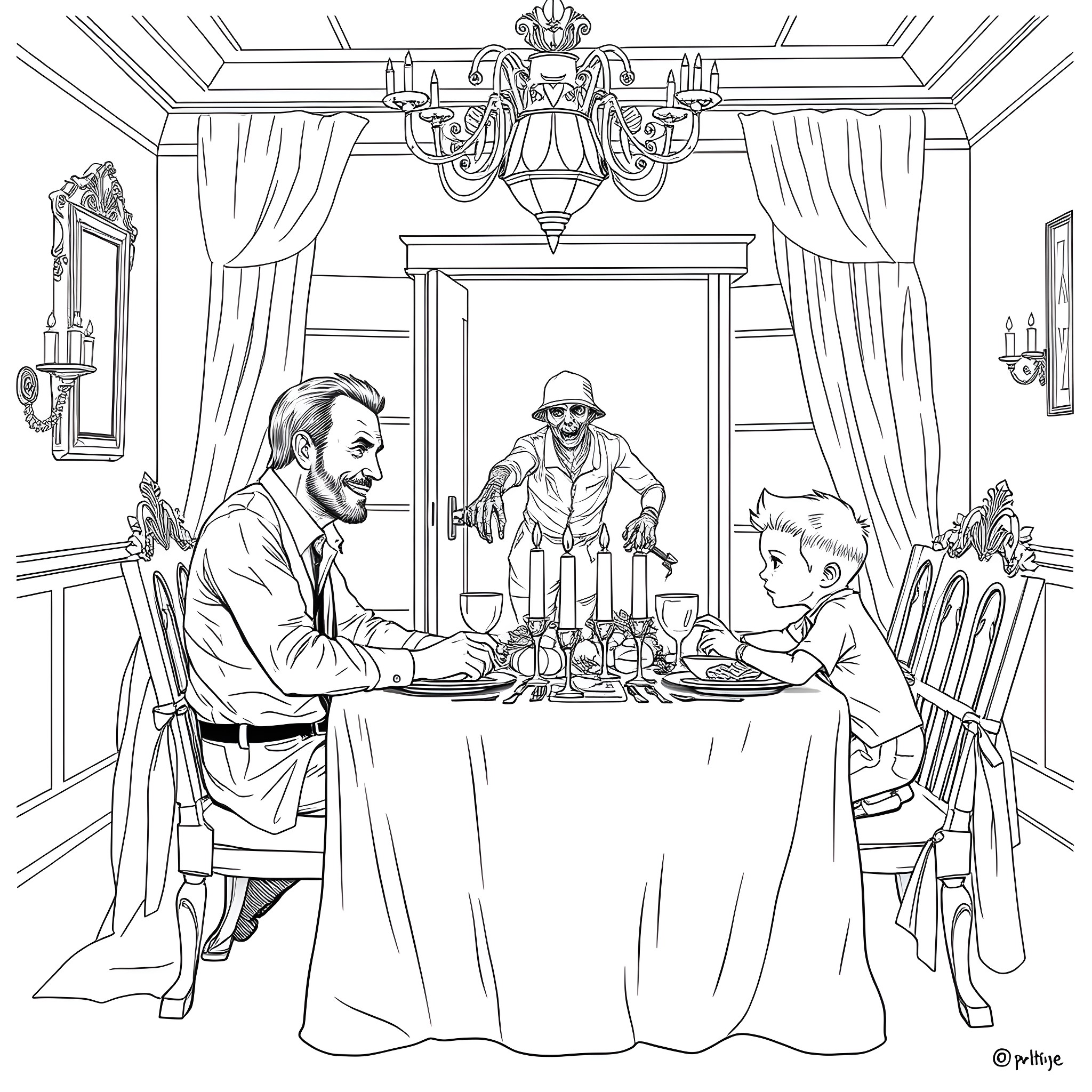 Rick Grimes dining with family in an elegant room Coloring Page (free black-and-white line drawing printable PDF for all, from beginners to advanced learners, including children, teens, adults, and seniors)