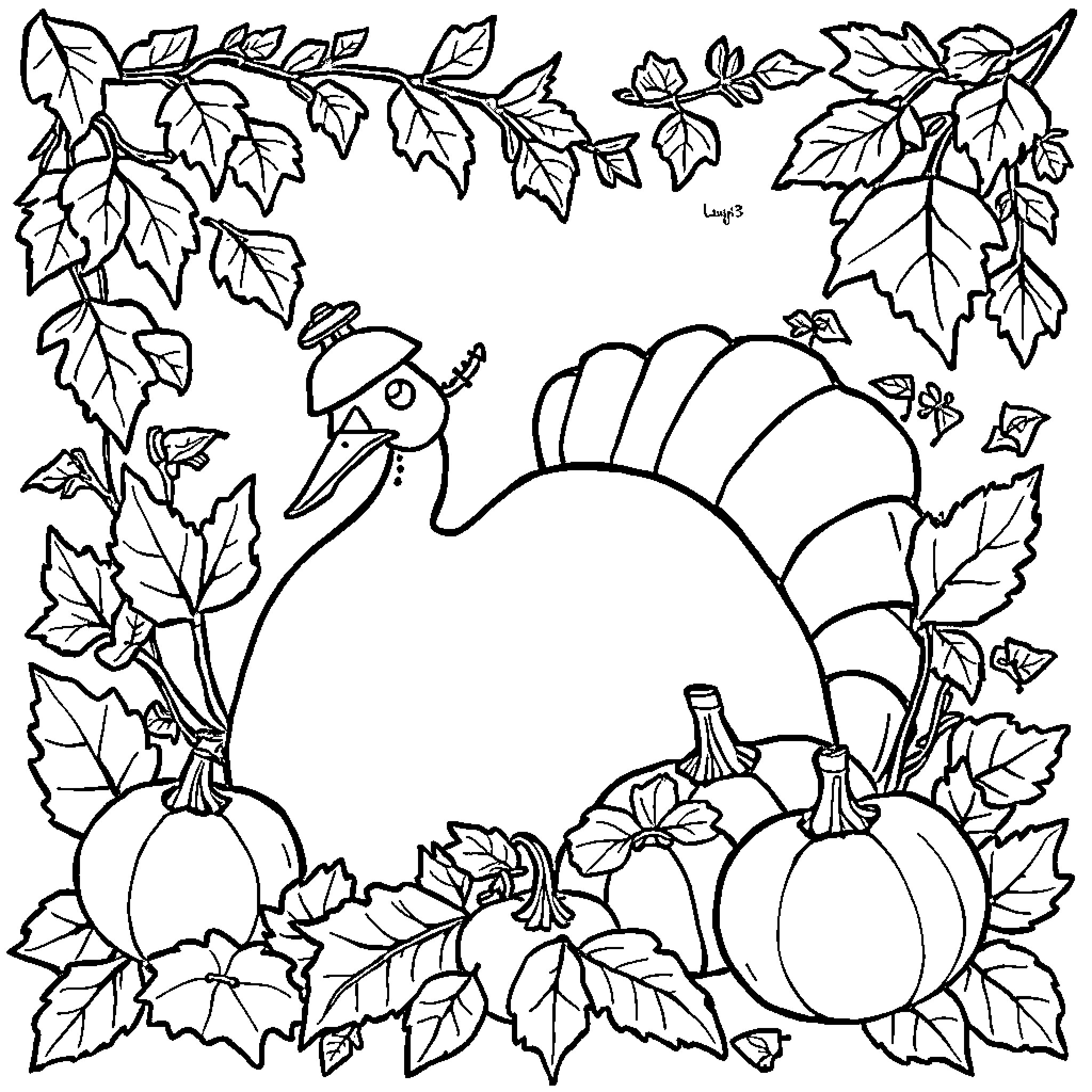 Thanksgiving Day Decorations with Turkey and Pumpkins Coloring Page (free black-and-white line drawing printable PDF for all, from beginners to advanced learners, including children, teens, adults, and seniors)