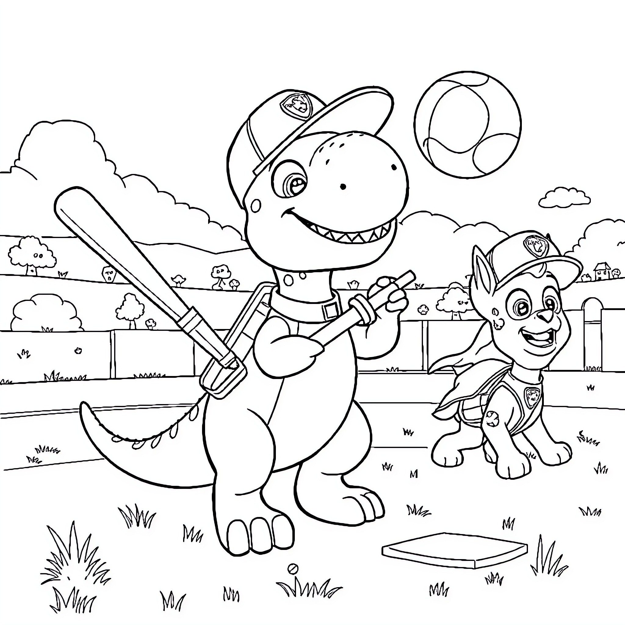 Dinosaur playing baseball with puppy in park Coloring Page (free black-and-white line drawing printable PDF for all, from beginners to advanced learners, including children, teens, adults, and seniors)