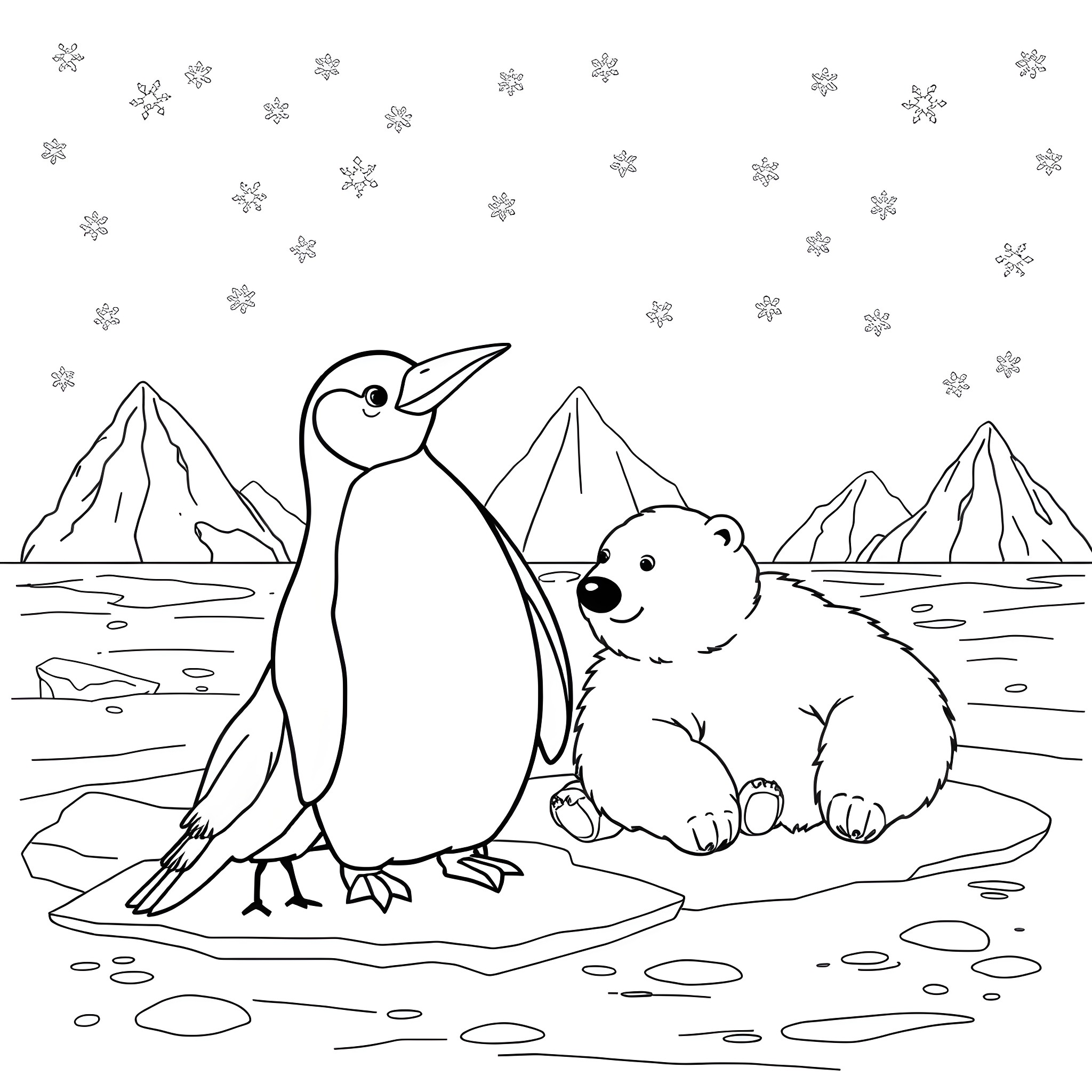 Penguin and polar bear in snowy landscape Coloring Page (free black-and-white line drawing printable PDF for all, from beginners to advanced learners, including children, teens, adults, and seniors)