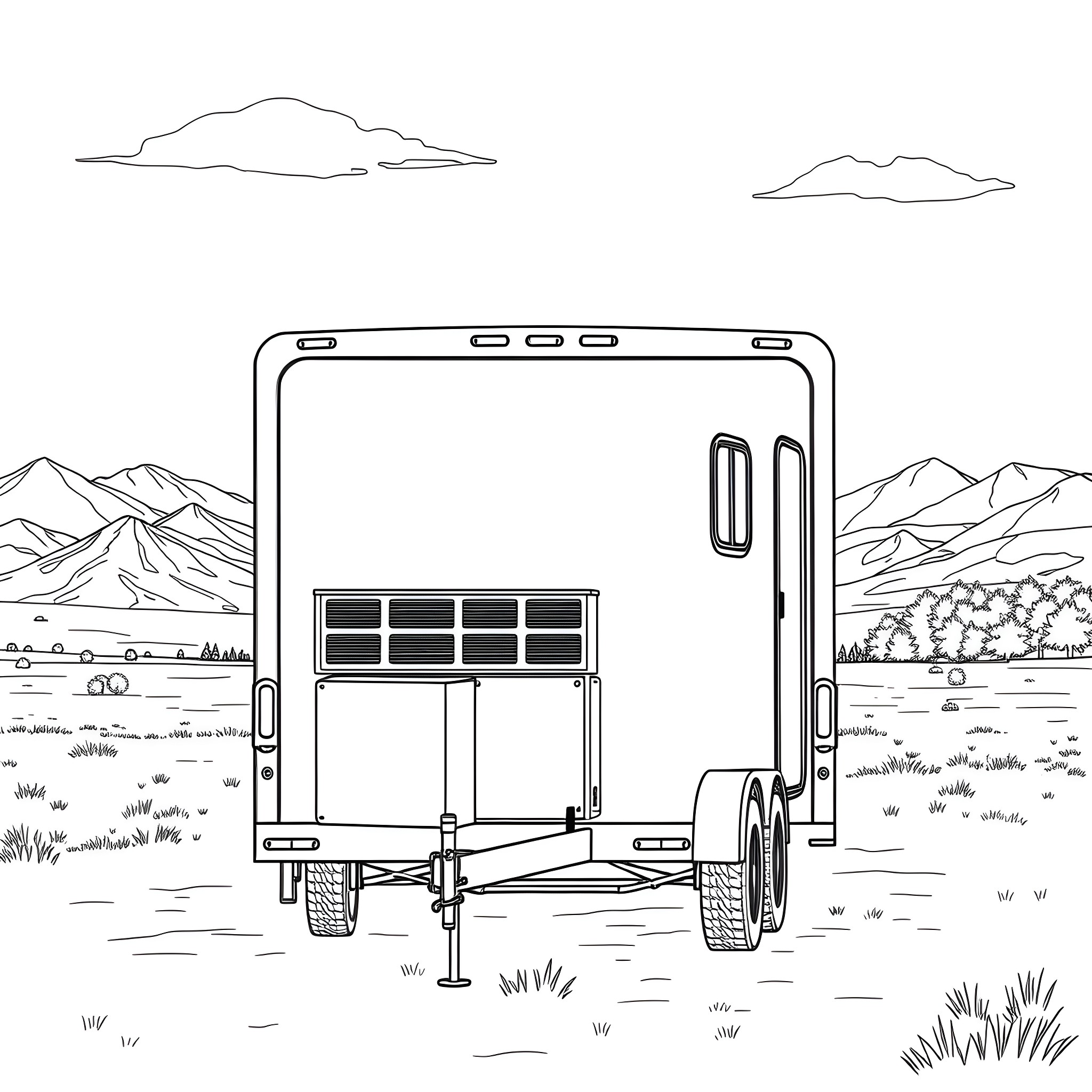 Utility Gooseneck Trailer Parked in Natural Landscape Coloring Page (free black-and-white line drawing printable PDF for all, from beginners to advanced learners, including children, teens, adults, and seniors)