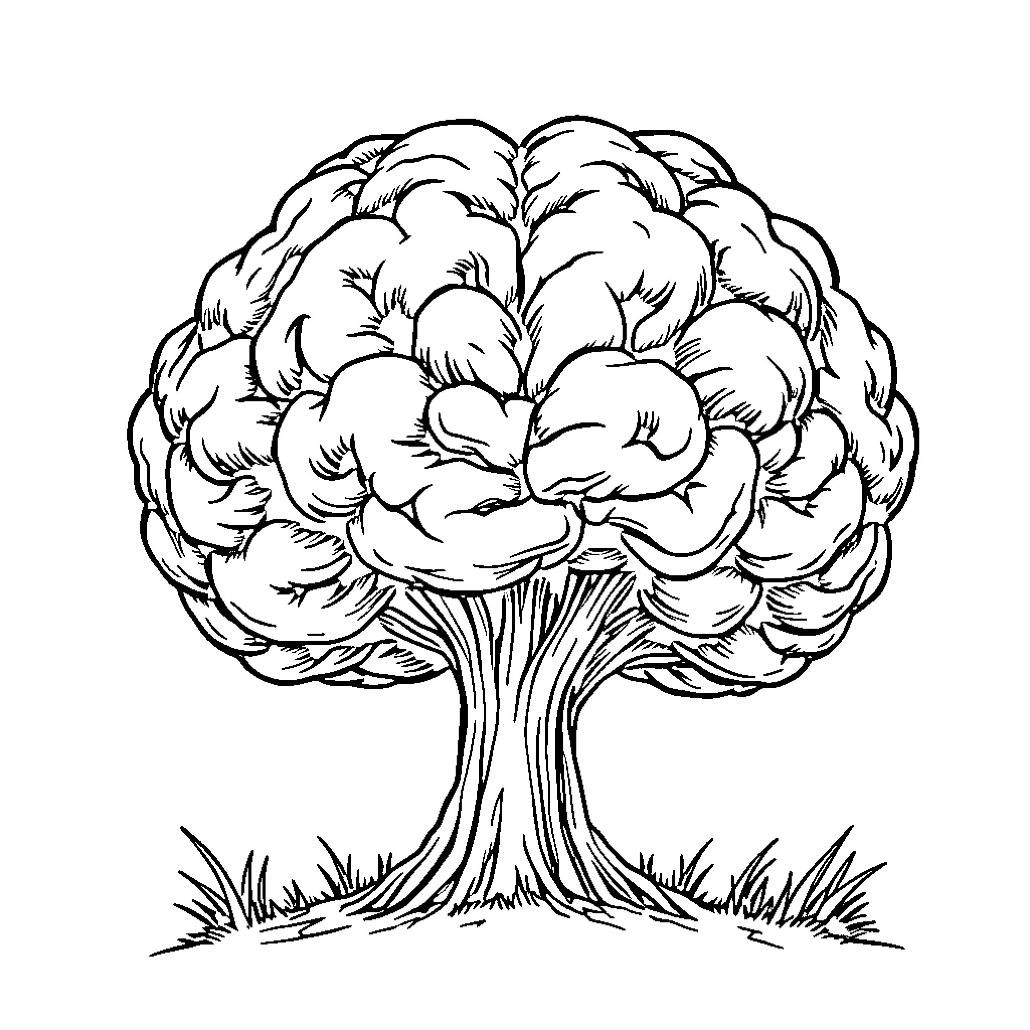 Brain Tree Growing in the Field Coloring Page (free black-and-white line drawing printable PDF for all, from beginners to advanced learners, including children, teens, adults, and seniors)