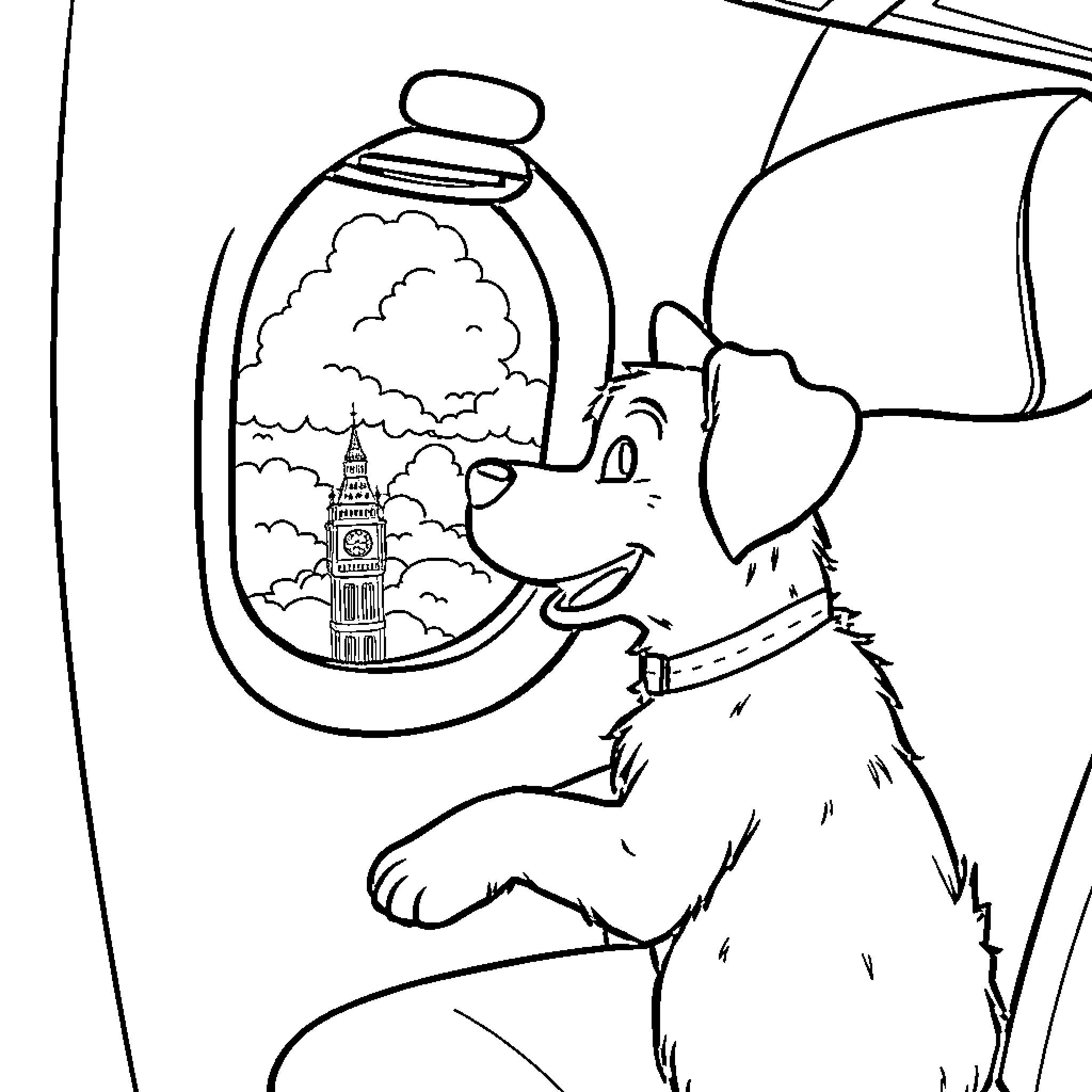 Bluey exploring the world through a window Coloring Page (free black-and-white line drawing printable PDF for all, from beginners to advanced learners, including children, teens, adults, and seniors)