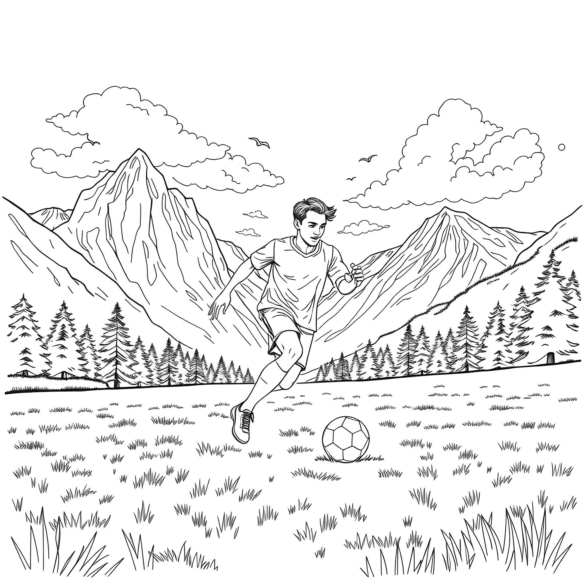 Soccer Player Kicking Ball in Scenic Mountain Landscape Coloring Page (free black-and-white line drawing printable PDF for all, from beginners to advanced learners, including children, teens, adults, and seniors)