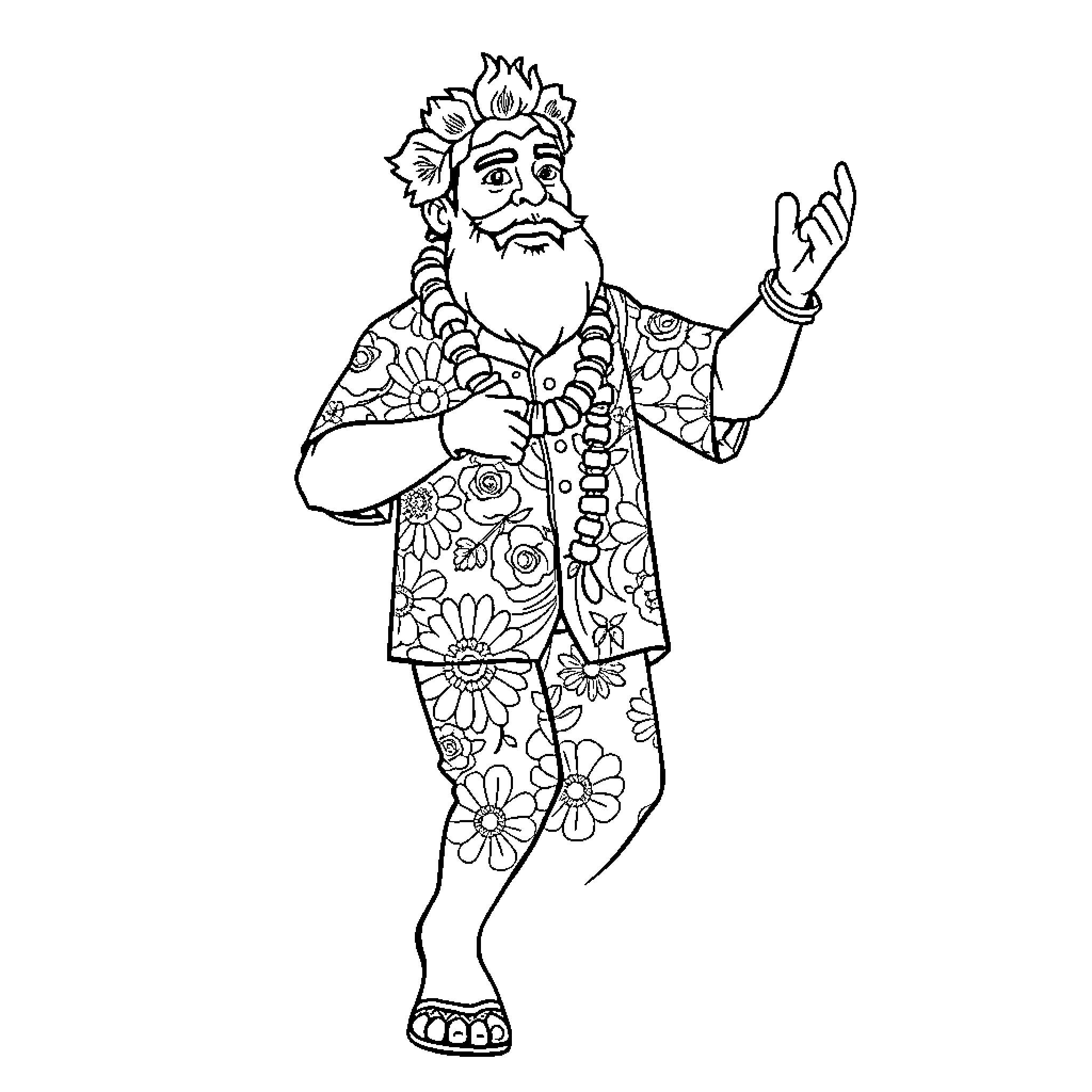 Superman in Floral Outfit Gesturing Emphatically Coloring Page (free black-and-white line drawing printable PDF for all, from beginners to advanced learners, including children, teens, adults, and seniors)
