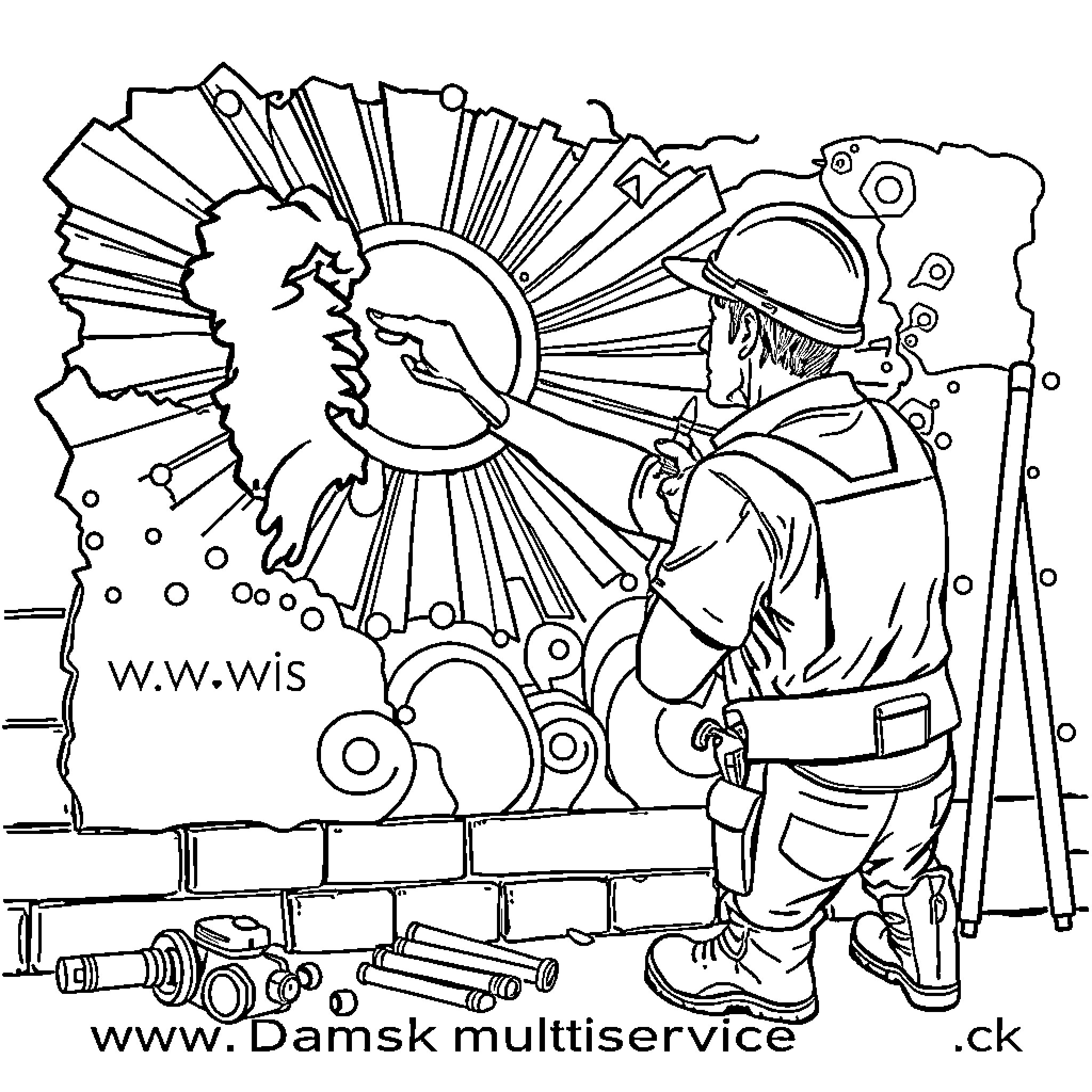 Construction Worker Toiling at Construction Site Coloring Page (free black-and-white line drawing printable PDF for all, from beginners to advanced learners, including children, teens, adults, and seniors)