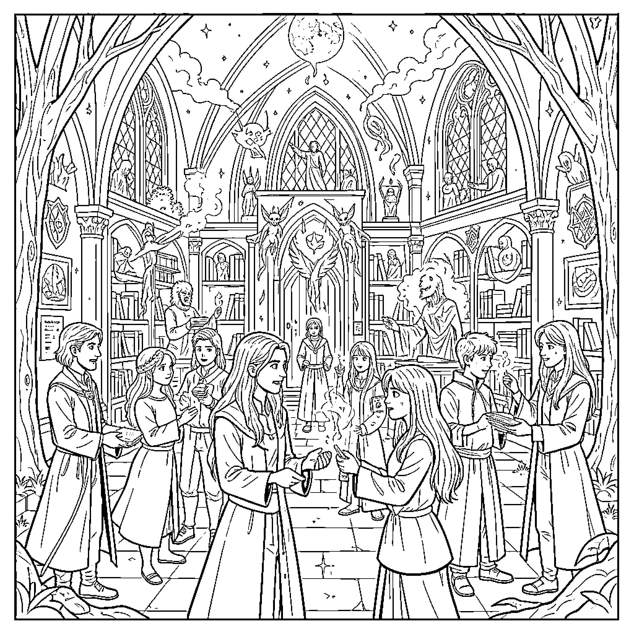 Academy students practicing magic in a mystical library Coloring Page (free black-and-white line drawing printable PDF for all, from beginners to advanced learners, including children, teens, adults, and seniors)