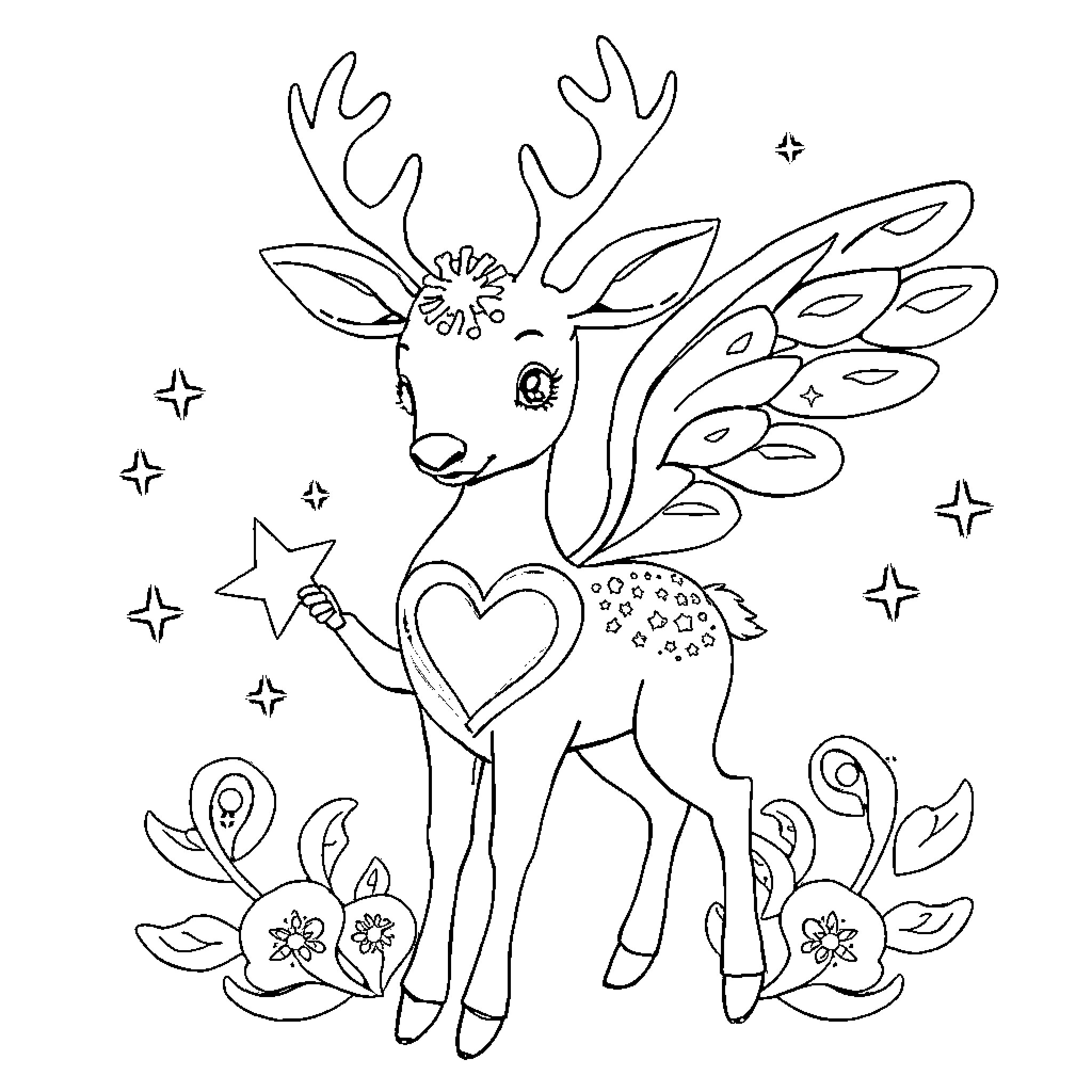 Deer with heart-shaped antlers in a whimsical scene Coloring Page (free black-and-white line drawing printable PDF for all, from beginners to advanced learners, including children, teens, adults, and seniors)