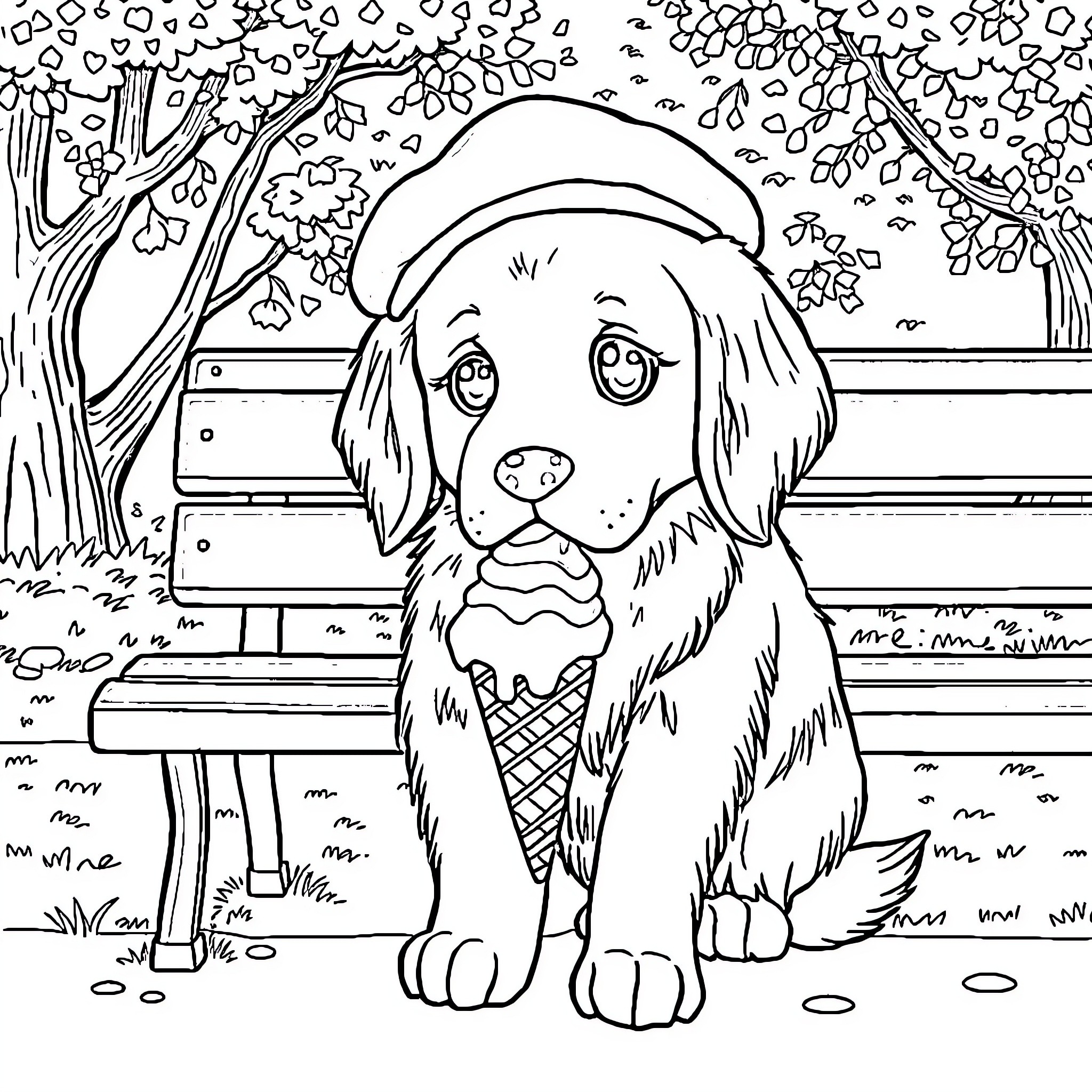 Pompurin enjoying an ice cream on a bench Coloring Page (free black-and-white line drawing printable PDF for all, from beginners to advanced learners, including children, teens, adults, and seniors)