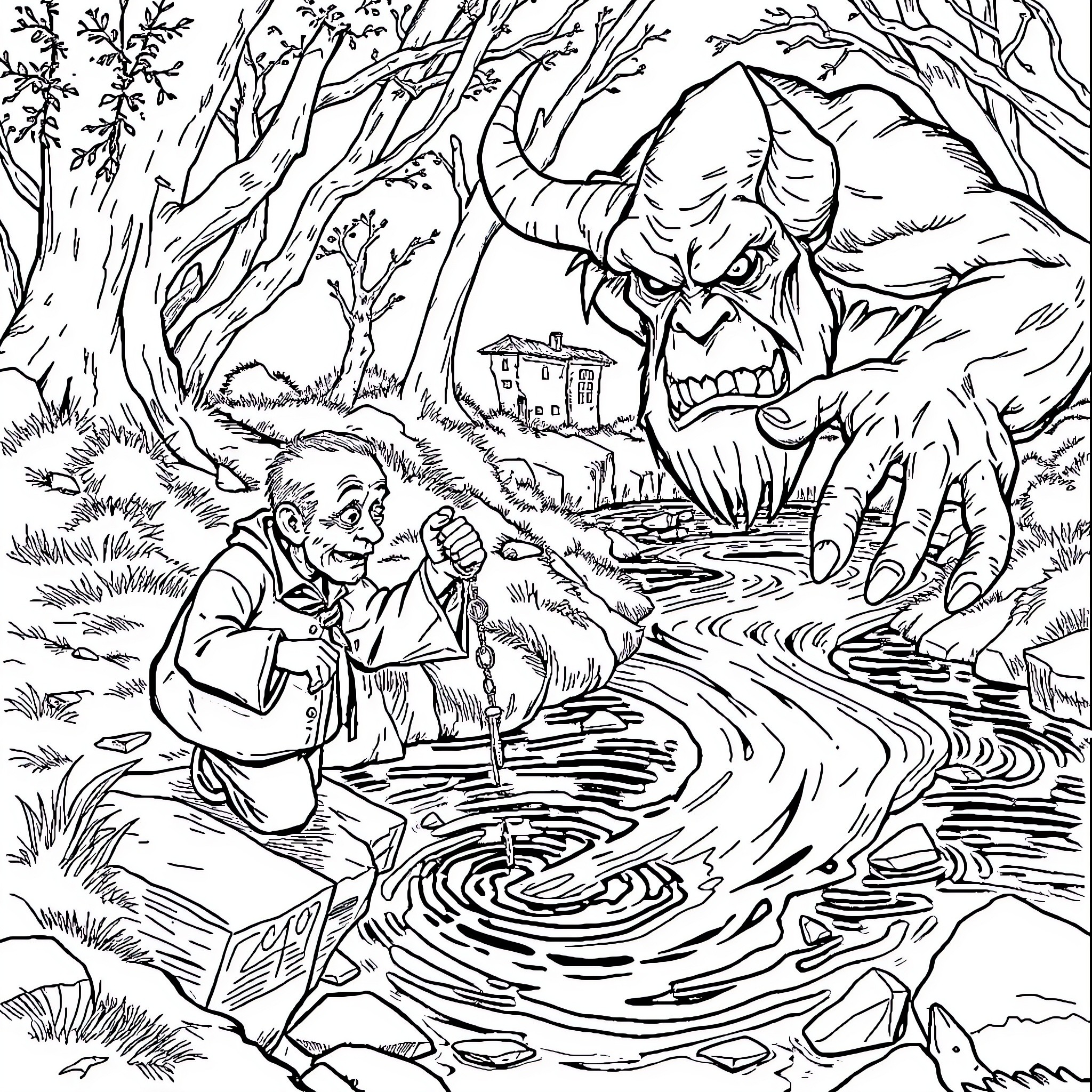 Man confronted by a fearsome creature in the forest Coloring Page (free black-and-white line drawing printable PDF for all, from beginners to advanced learners, including children, teens, adults, and seniors)