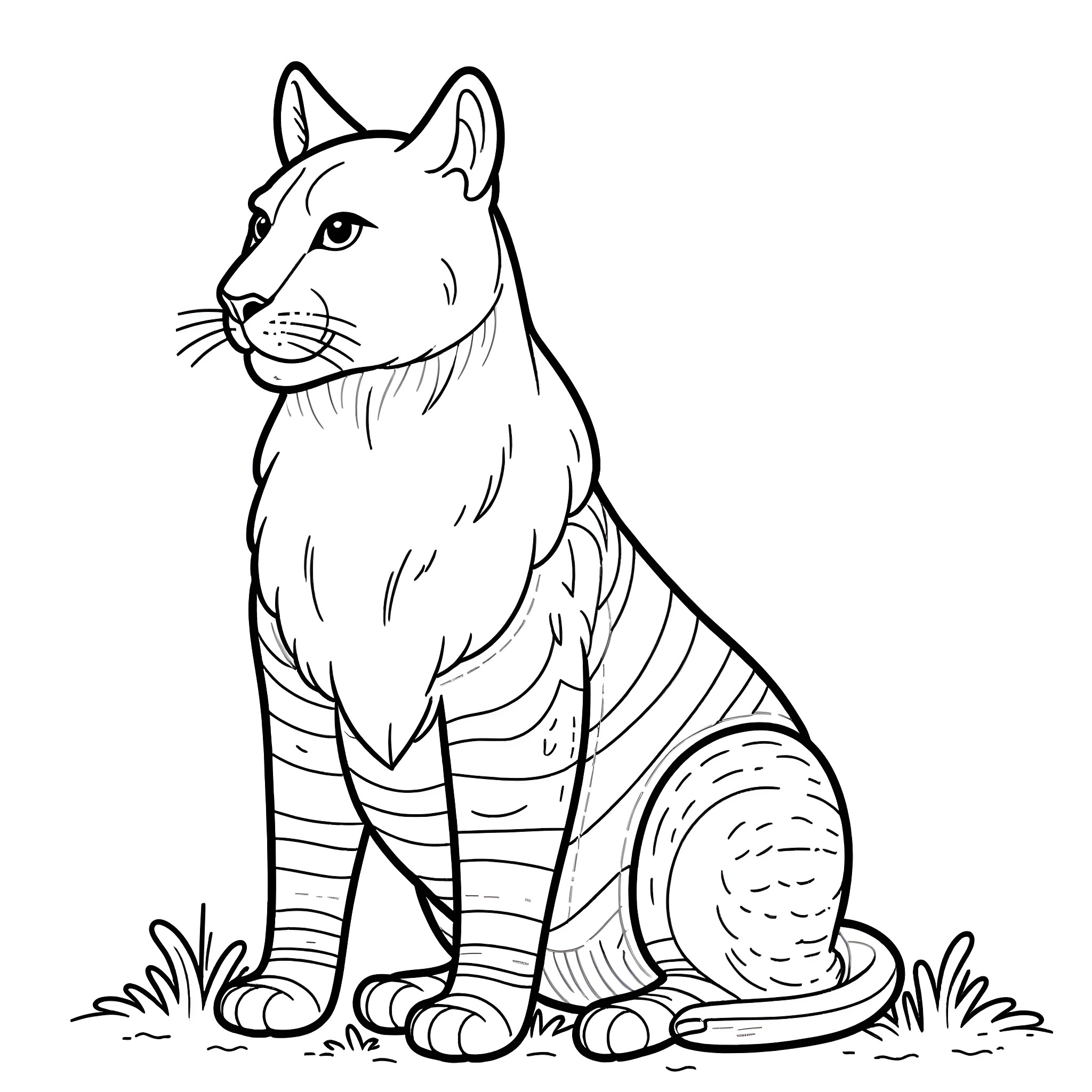 Mountain Lion Sitting Calmly in Natural Setting Coloring Page (free black-and-white line drawing printable PDF for all, from beginners to advanced learners, including children, teens, adults, and seniors)