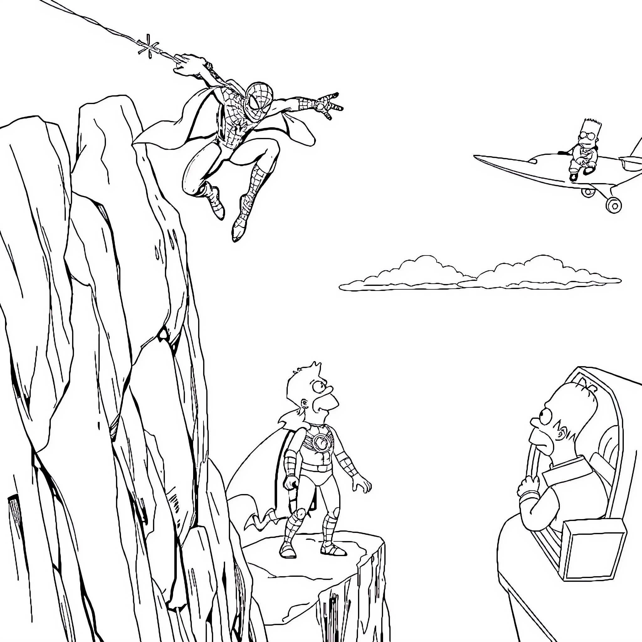 Superhero adventure through dangerous terrain Coloring Page (free black-and-white line drawing printable PDF for all, from beginners to advanced learners, including children, teens, adults, and seniors)